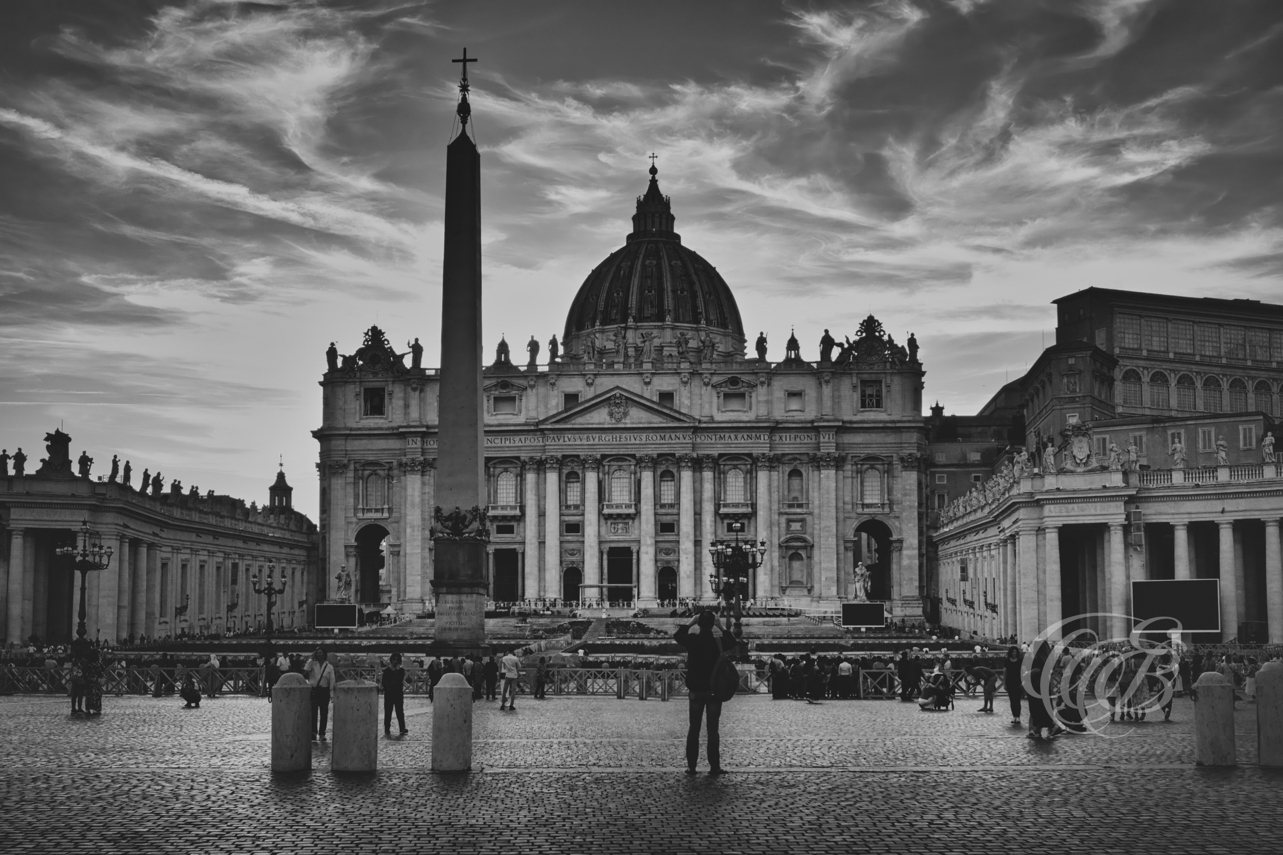 Rome Italy - The Vatican at dusk - Eduardo Bartoli Fine Art Photography - Black and white matte fine art photograph of the Vatican at dusk, featuring St. Peter’s Basilica and the surrounding architecture, Rome, Italy – photography by Eduardo Bartoli.