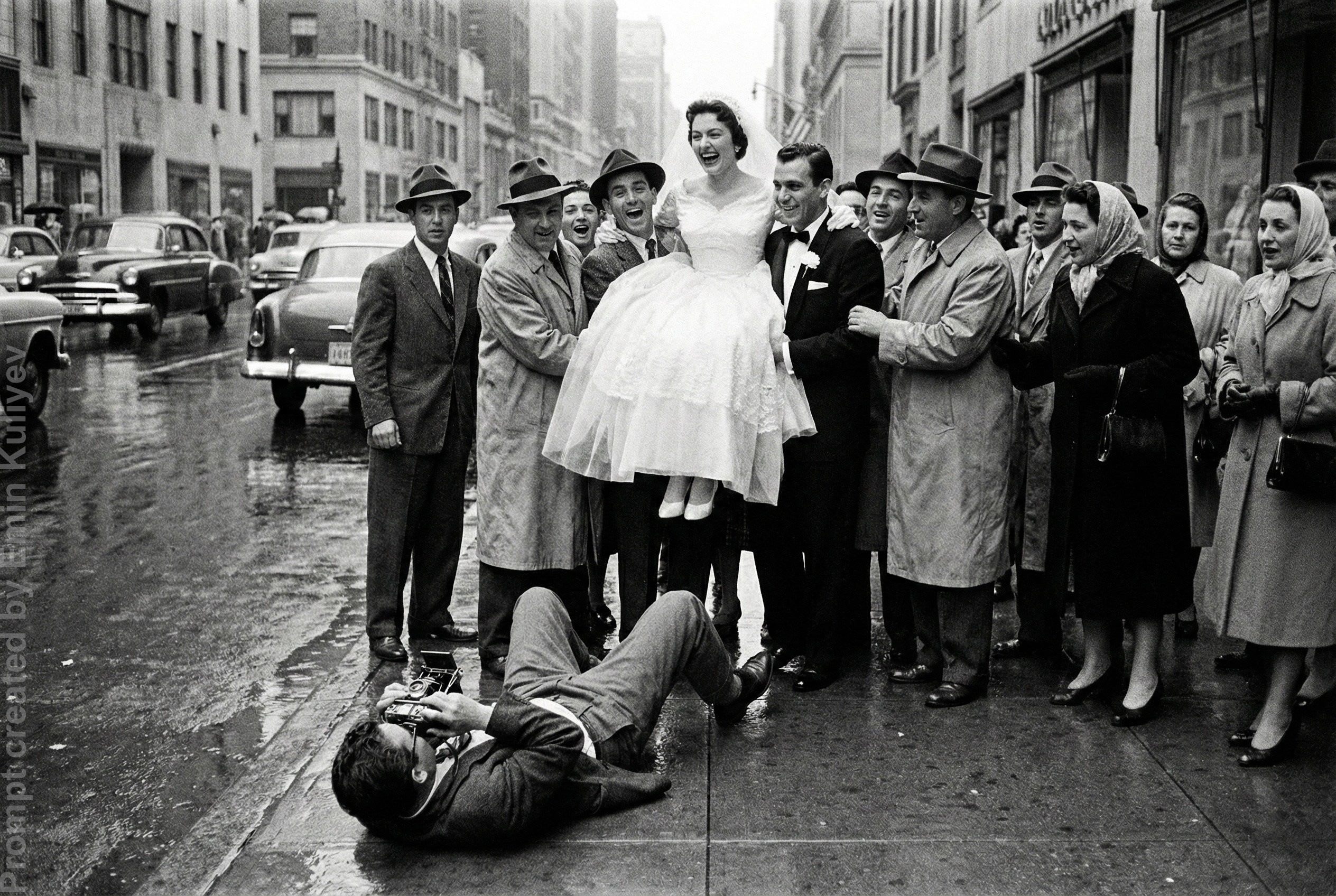 AI 1950s photo style test, vintage film look, realistic AI photography, retro image generation, learn my prompts in online class. Emin Kuliyev — Award-Winning Wedding Photojournalist NYC & USA | Best Wedding Photographer Known for Candid, Timeless Moments