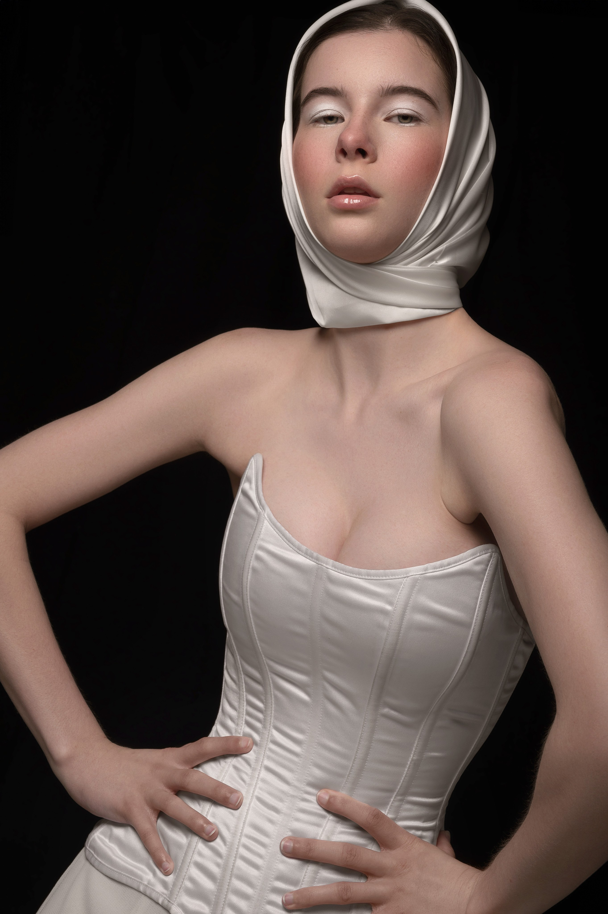 Studio fashion portrait for female model test, detailed retouching for portfolio in San Francisco.