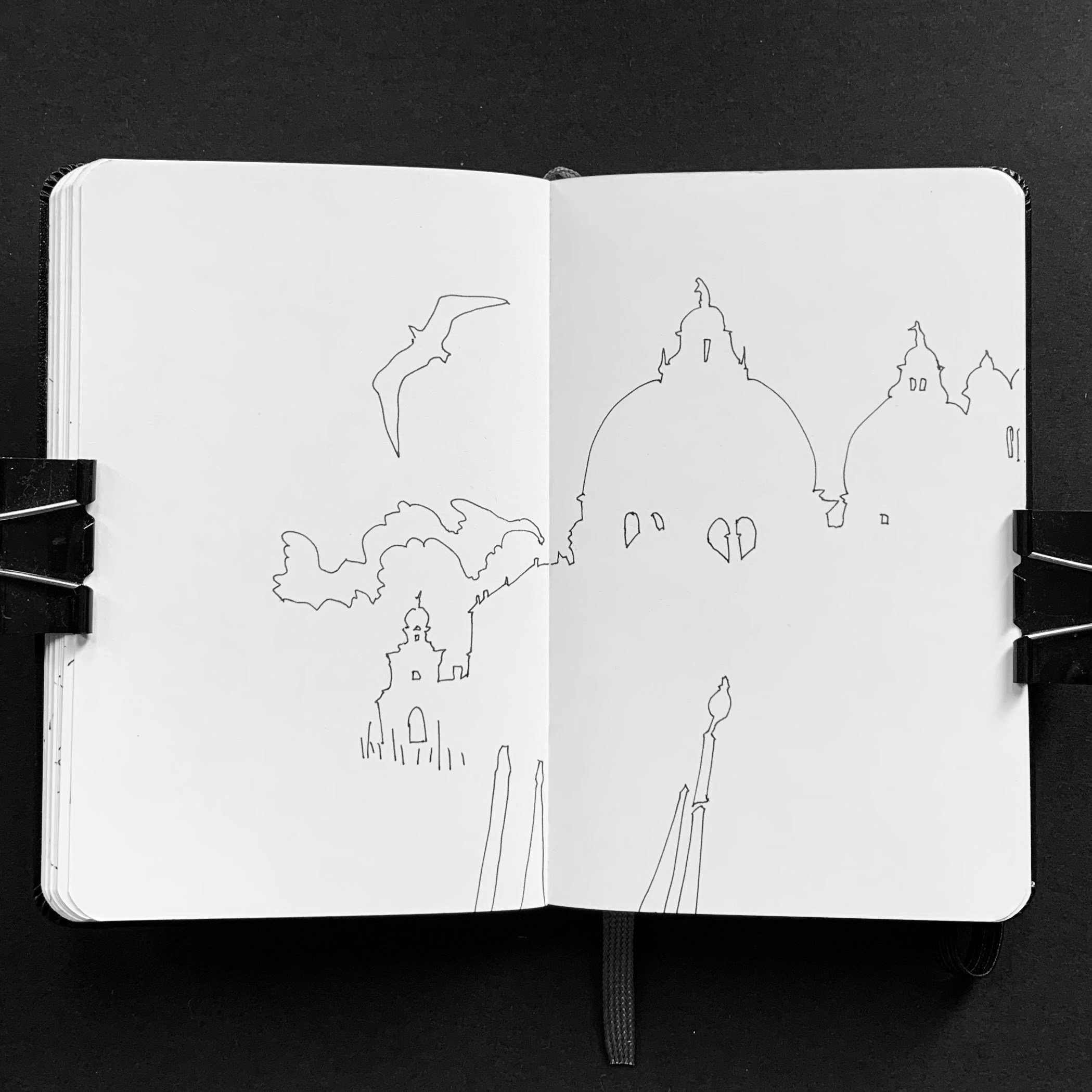 Moleskine notebook with original drawings made in Venice, works on paper developed as part of an artist’s editorial project. A minimalistic line drawing of cupolas.
