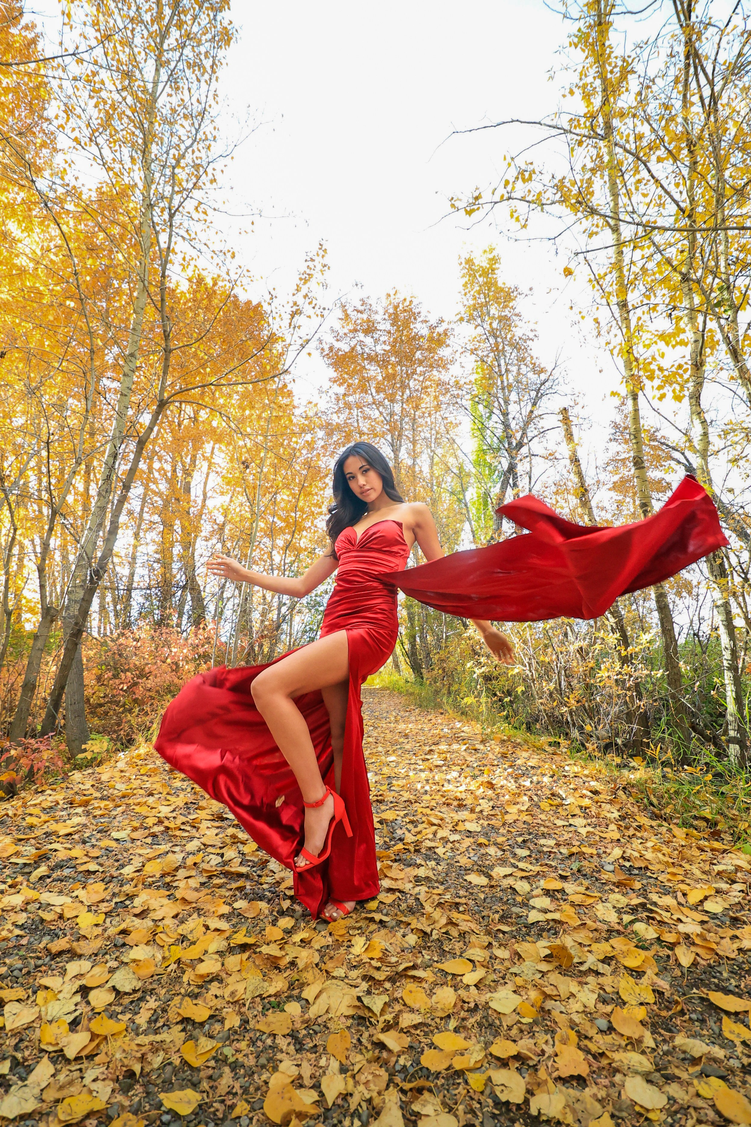 Autumn Elegance: Sidney Jean Victoria in a Red Dress. ProFly.club — Professional aerial filming in Calgary