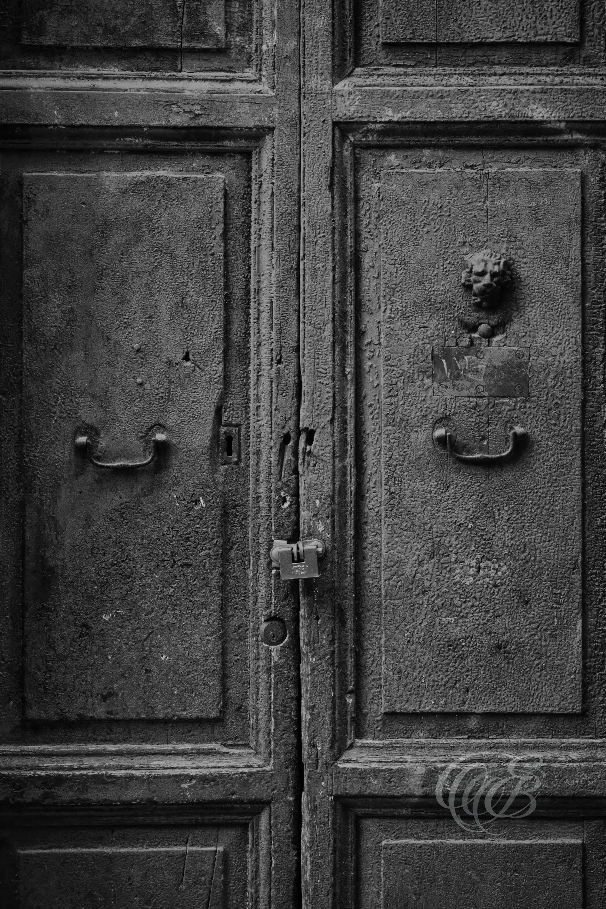 Street Photography — Rome, Italy — Old Patina Door — B&W — Black and white study of an old door in Rome, emphasizing aged patina, weathered surfaces, tonal variations, and the effects of time on the city’s traditional architecture — Eduardo Bartoli Photography.