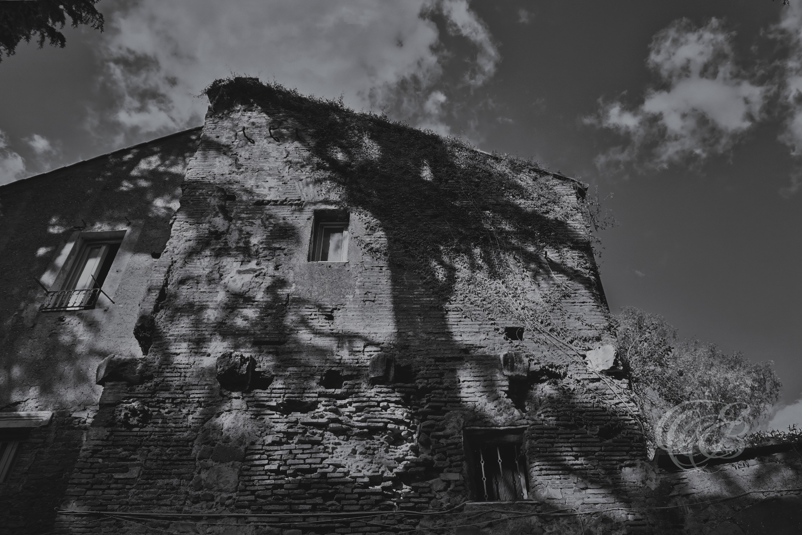 Street Photography — Rome, Italy — Old City Villa — B&W Matte — Matte black and white interpretation of an old villa in Rome, emphasizing historic residential architecture, aged surfaces, tonal textures, and the layered development of the modern city — Eduardo Bartoli Photography.