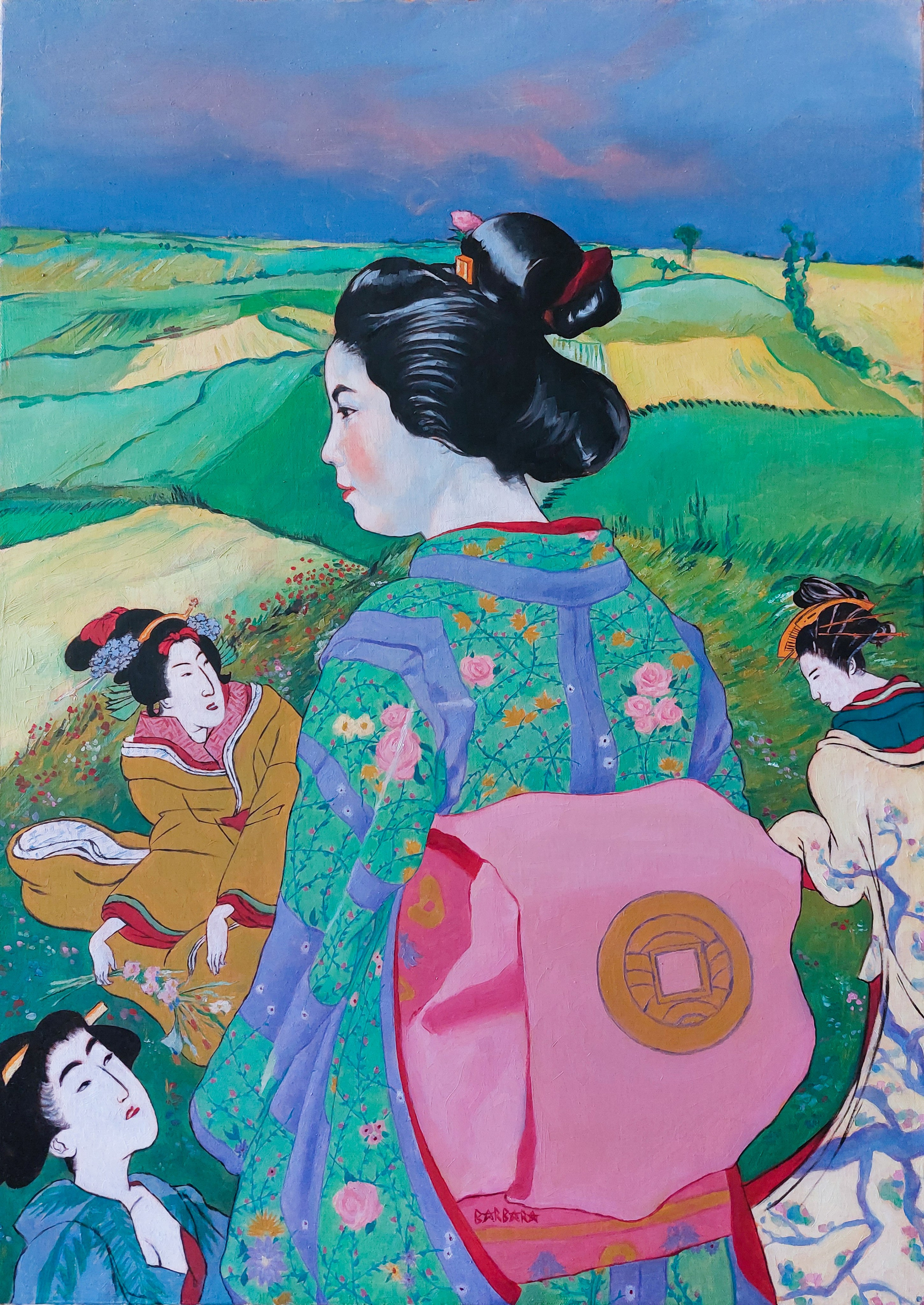 Japanese Women Picking Flowers, oil painting, Barbara Cabral. Barbara Cabral