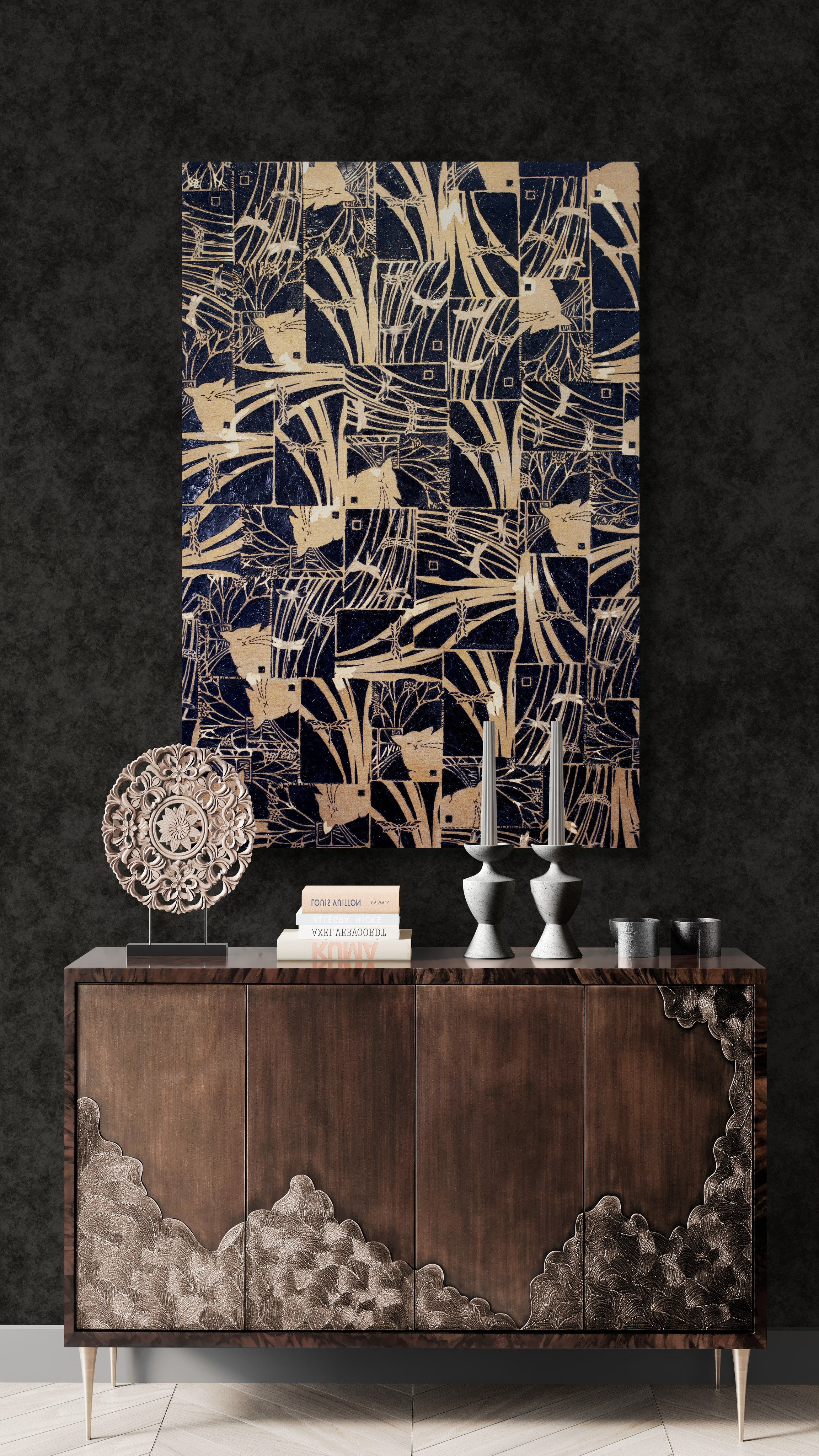 “Cats and Dragonflies” Gold/Black. Mixed media. Print on canvas, embroidery on canvas, oil on canvas 90×136 cm. Nadia Kuprina. Artist