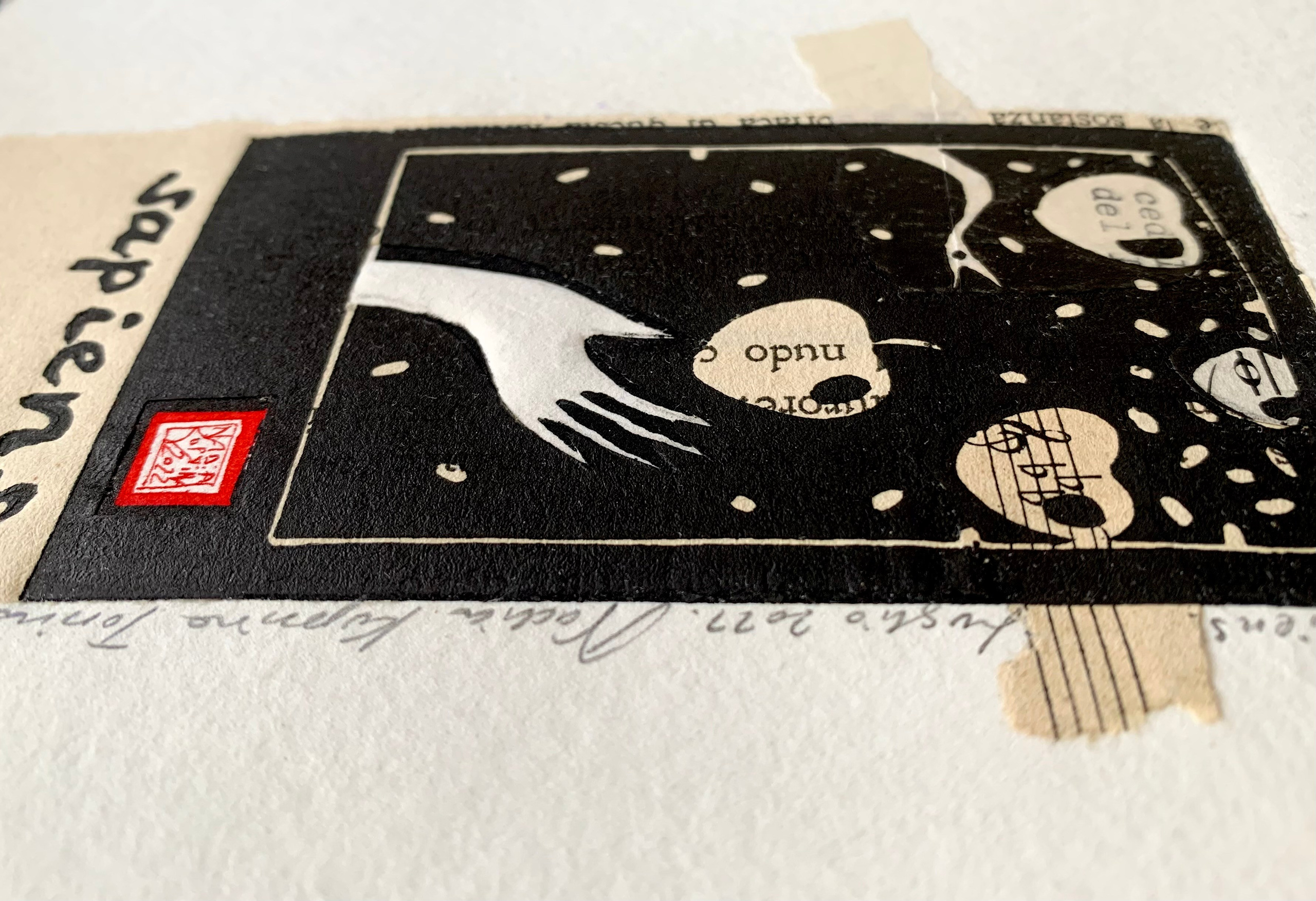 Small print, linocut, linogravure, linograbado, hand print, lovestory, family story, collage, collage art, collage print, cello suite, music, love, couple, knowledge, curiosity, paradise, wisdom, power, book, music