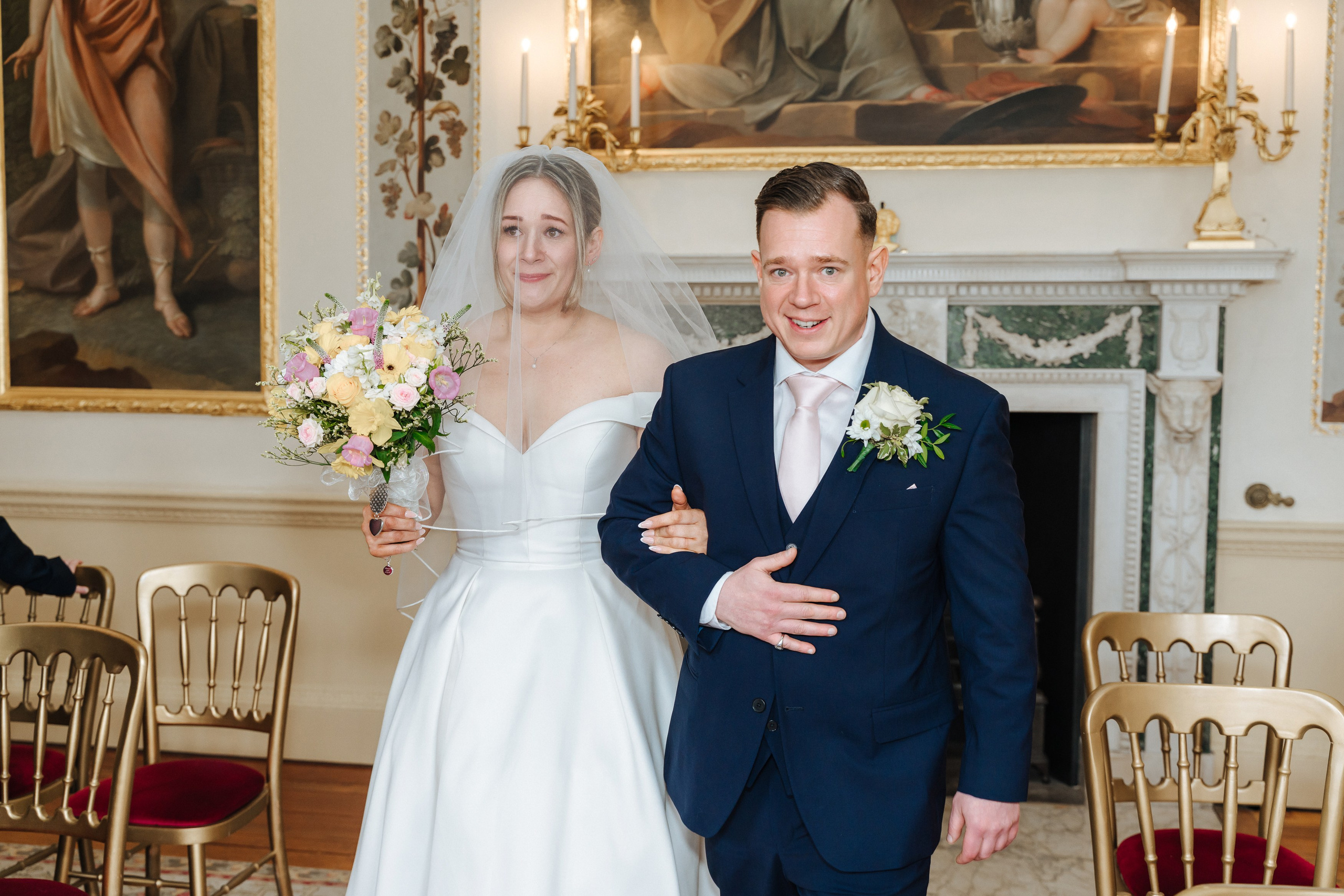 Luke and Nicola's first look moment at Danson House, captured by wedding photographer Ekaterina Romanova