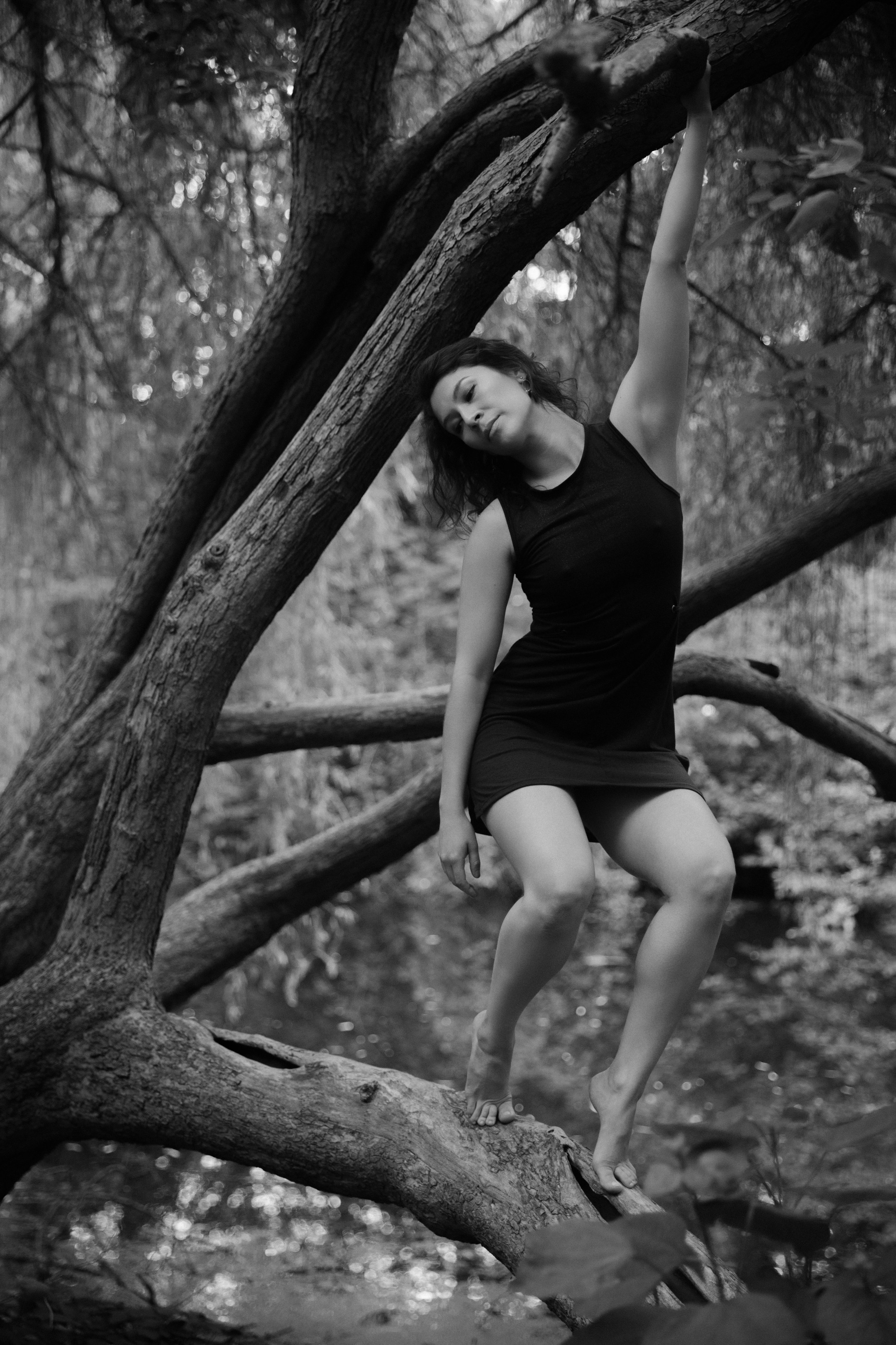 Frau auf Baumstamm stehend, anmutige Waldkomposition