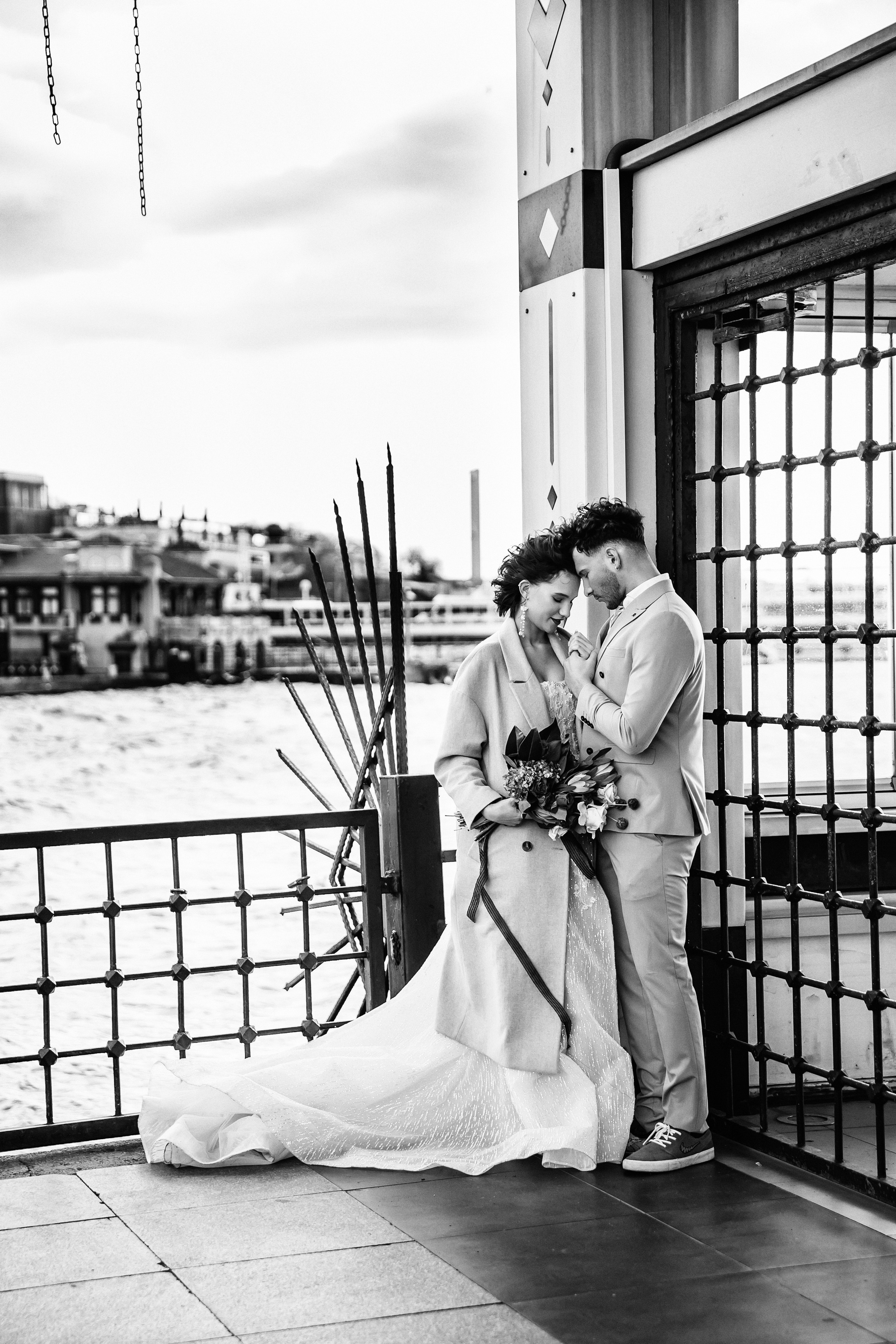  Wedding couple in Istanbul with the sea and mountains in the background – European wedding photography.