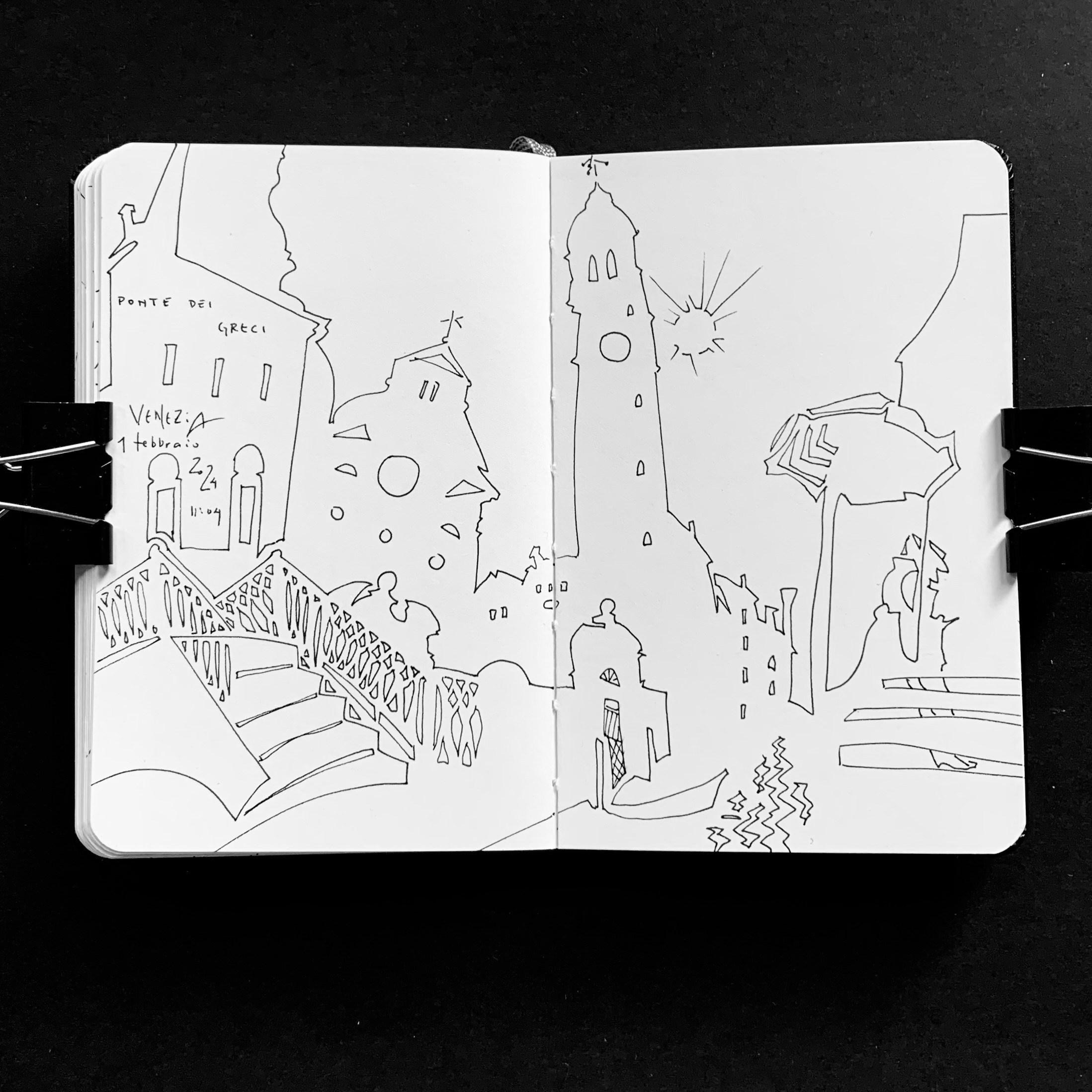 Moleskine notebook with original hand-drawn works on paper created in Venice, part of Nadia Kuprina’s contemporary drawing practice. An essential drawing with bridge and churches.