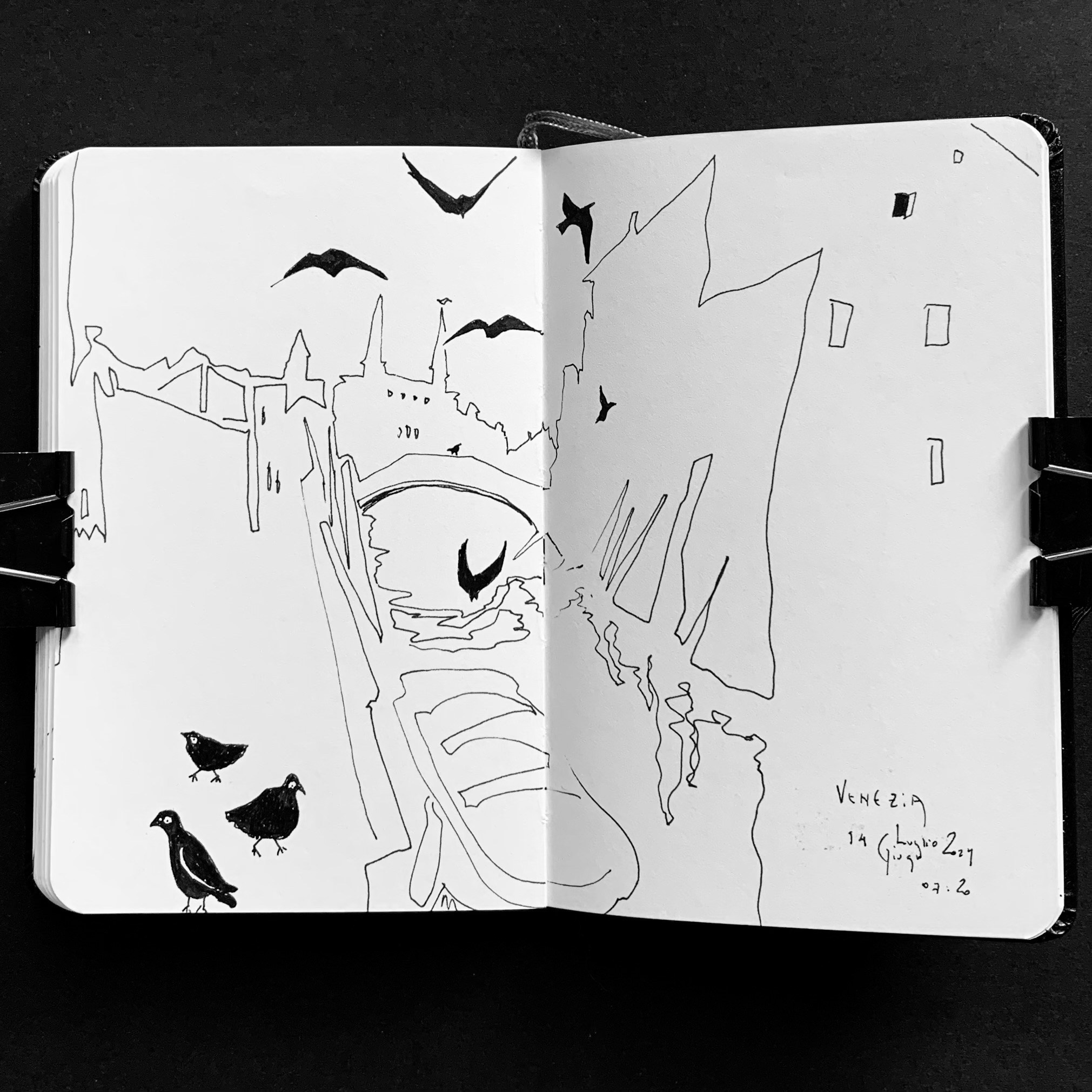 Moleskine notebook with hand-drawn sketches made in Venice, showcasing Nadia Kuprina’s exploration of drawing and the tactile experience of a personal sketchbook.