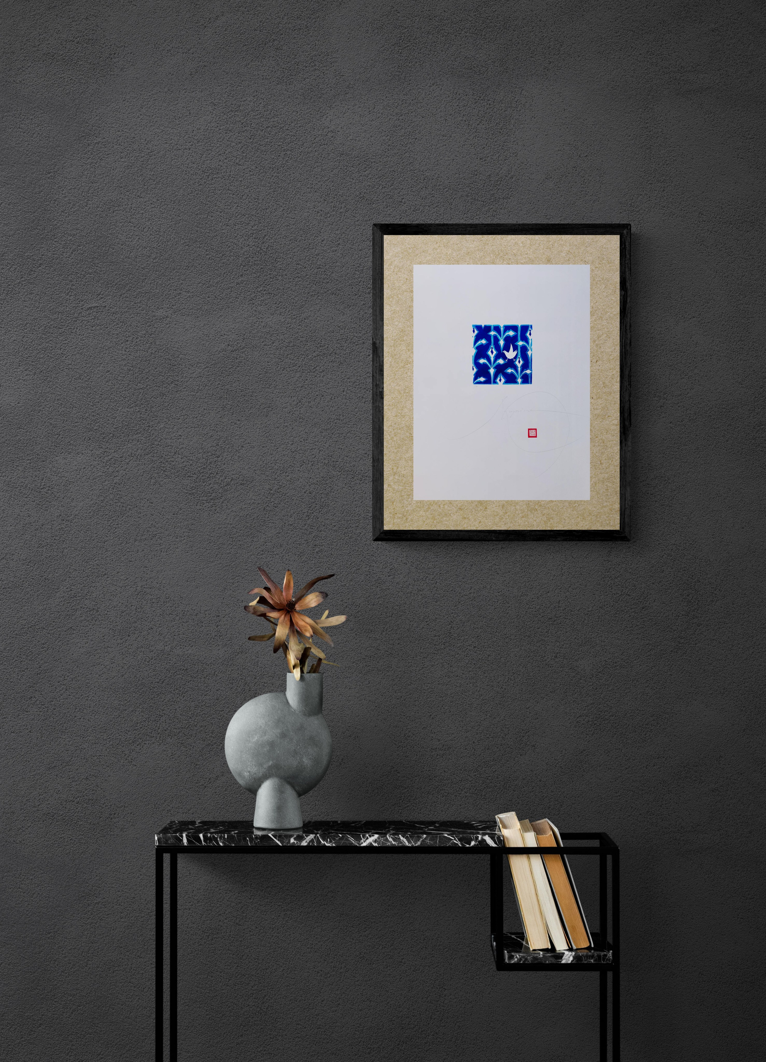 Decorative floral and bird pattern in blue and white, limited edition digital print inspired by hand-painted ceramic tiles and Nordic design.on a dark wall.