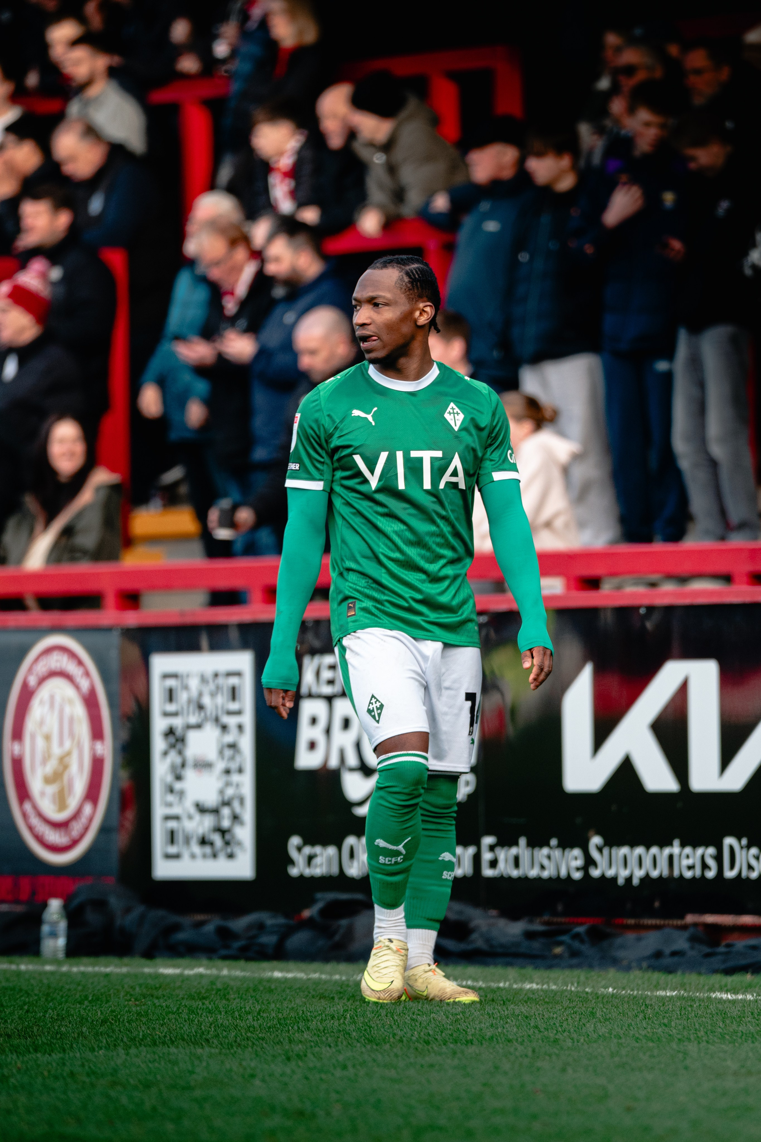 Stockport County player standing near the touchline during the League One match against Stevenage at the Lamex Stadium.