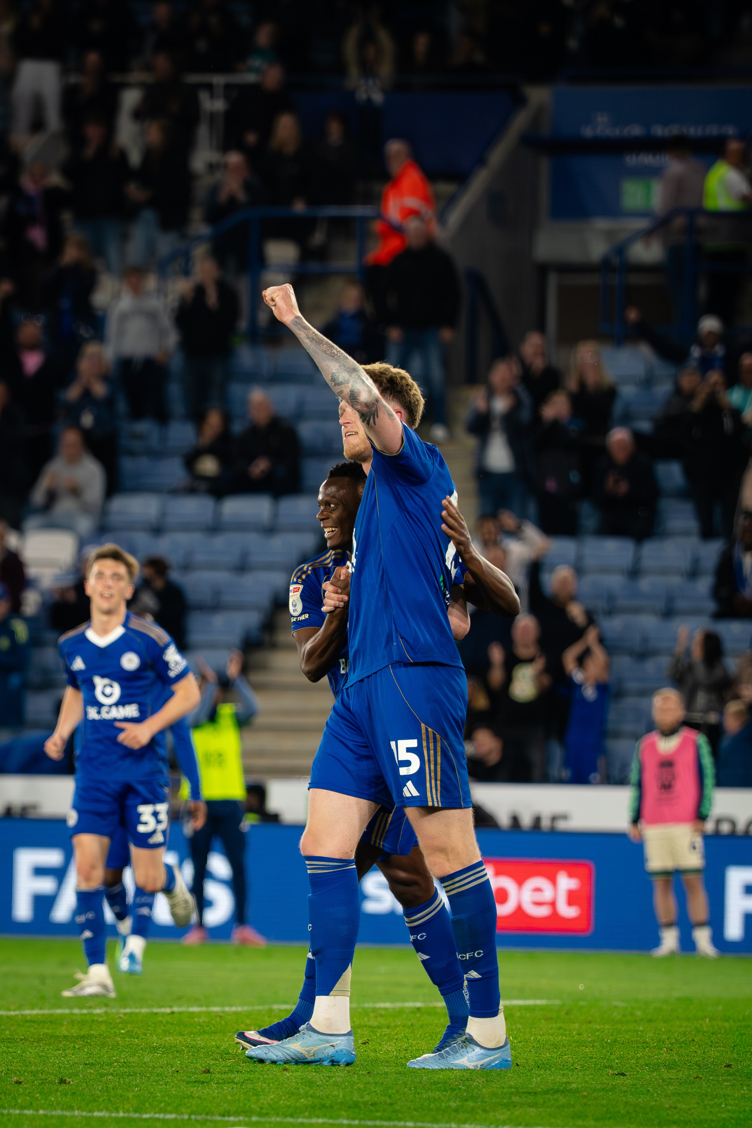 Leicester City player raising his arm during the Championship fixture against Millwall at the King Power Stadium.