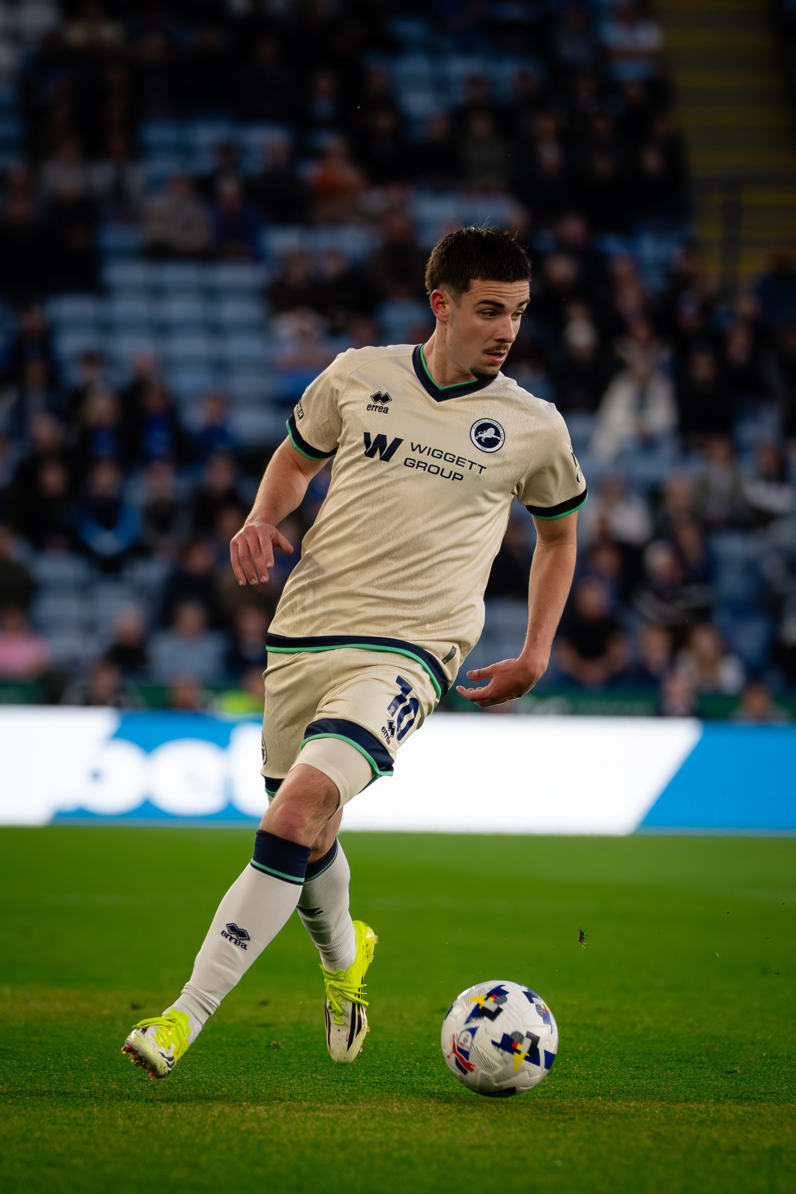 Millwall player carrying the ball during the Championship match against Leicester City on 24 April 2026.