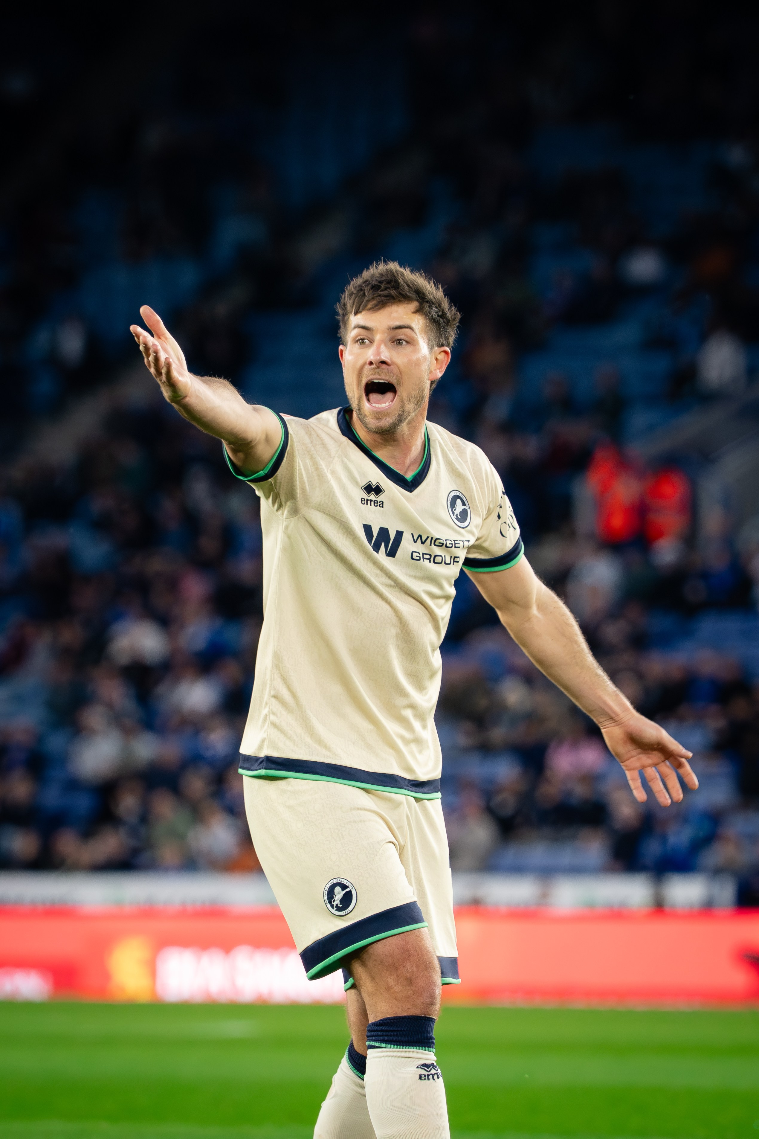 Millwall player gesturing during the Championship match against Leicester City at the King Power Stadium