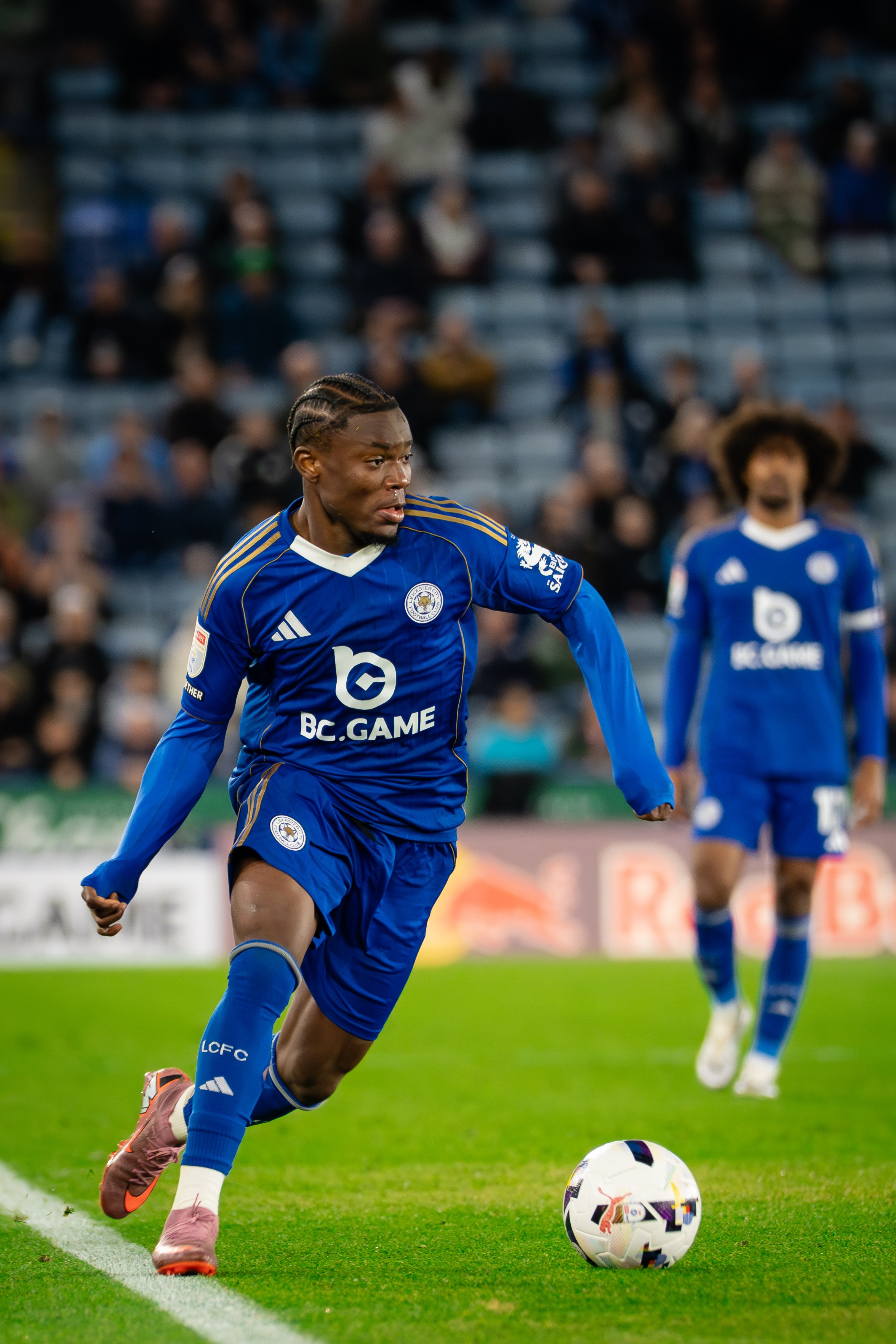 Leicester City player dribbling with the ball during the Championship fixture against Millwall at the King Power Stadium