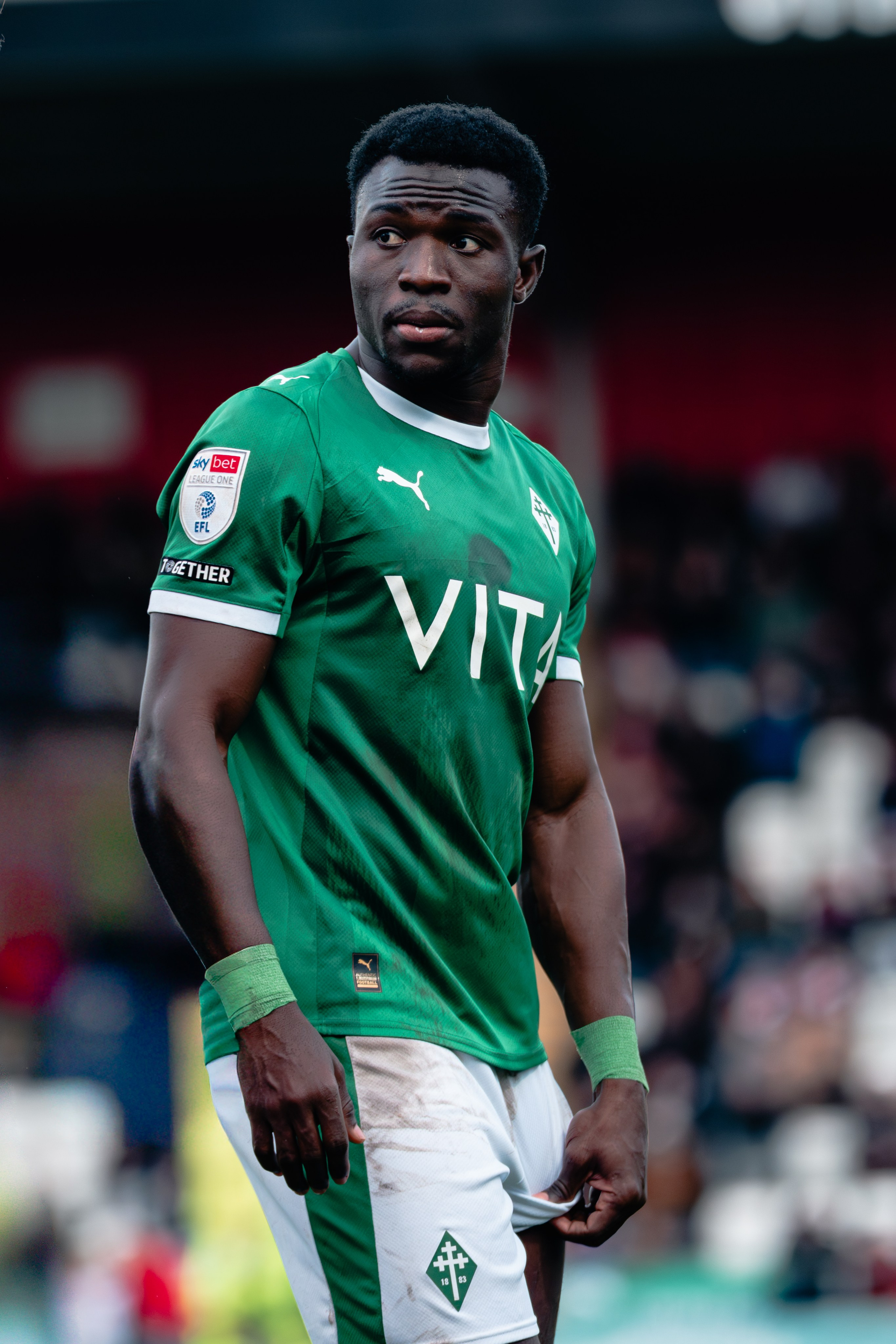 Stockport County player in the green away kit during the League One match against Stevenage on 28 February 2026.