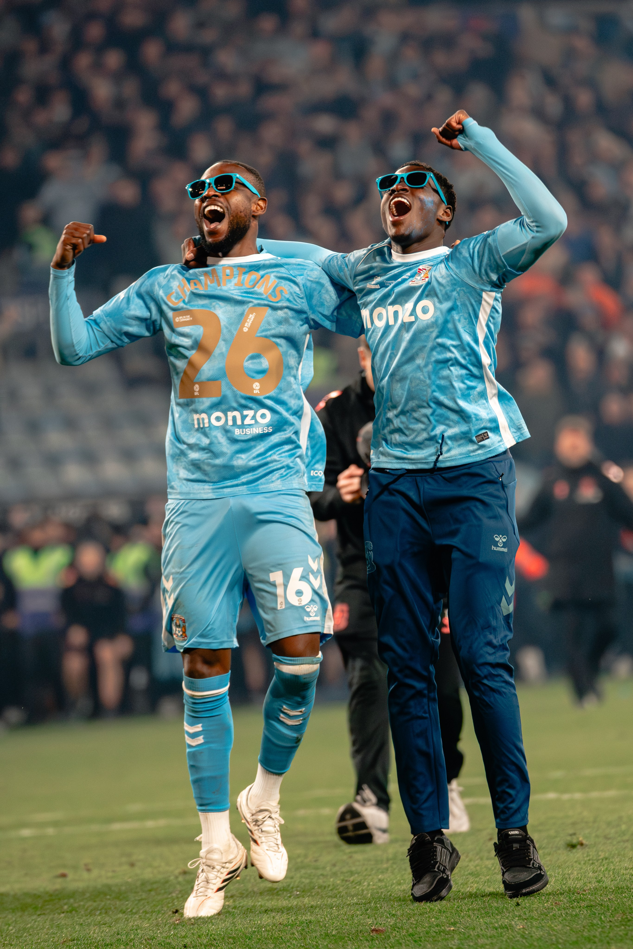 Coventry City players celebrating together during the Championship match against Portsmouth