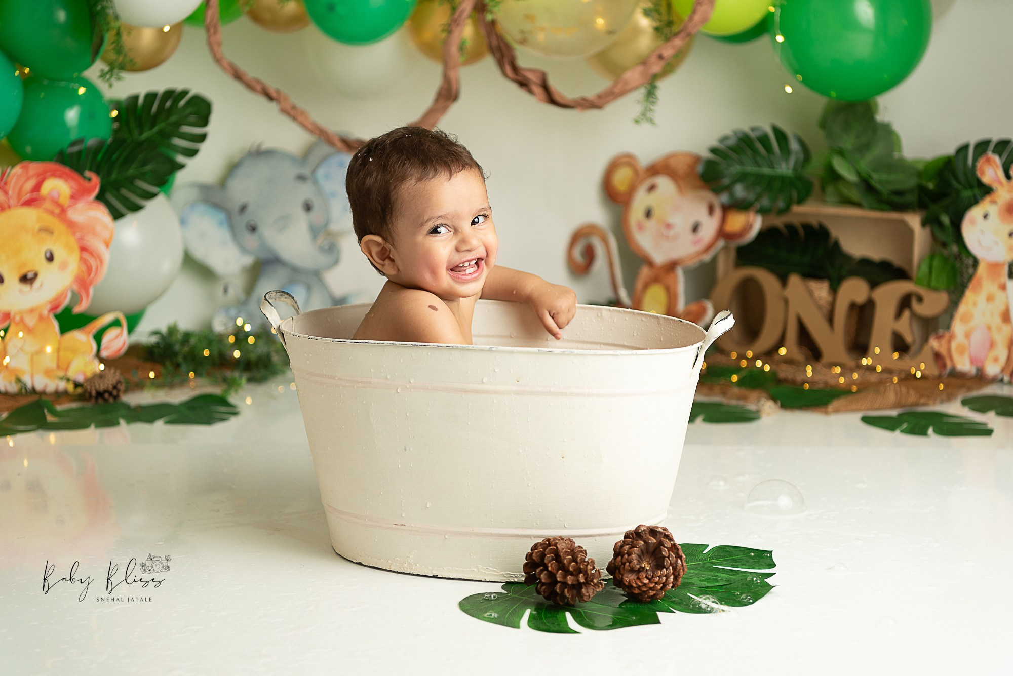 beautiful jungle themed cake smash photo shoot for baby boy. 