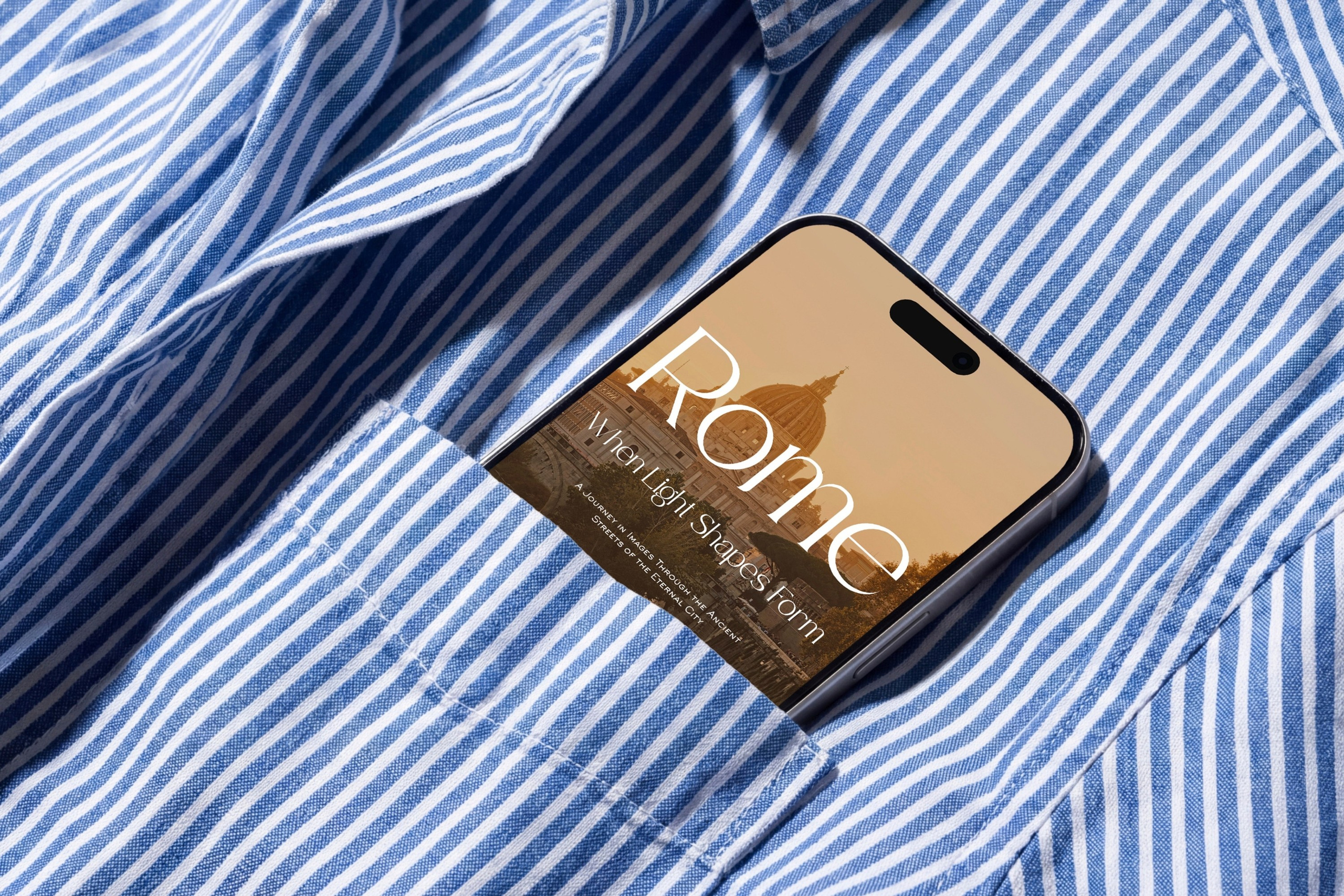 Rome, Italy – Photography Book – Rome — When Light Shapes Form – Digital book cover displayed on an iPhone, featuring St. Peter's Basilica and the Tiber River at sunset – Eduardo Bartoli Photography