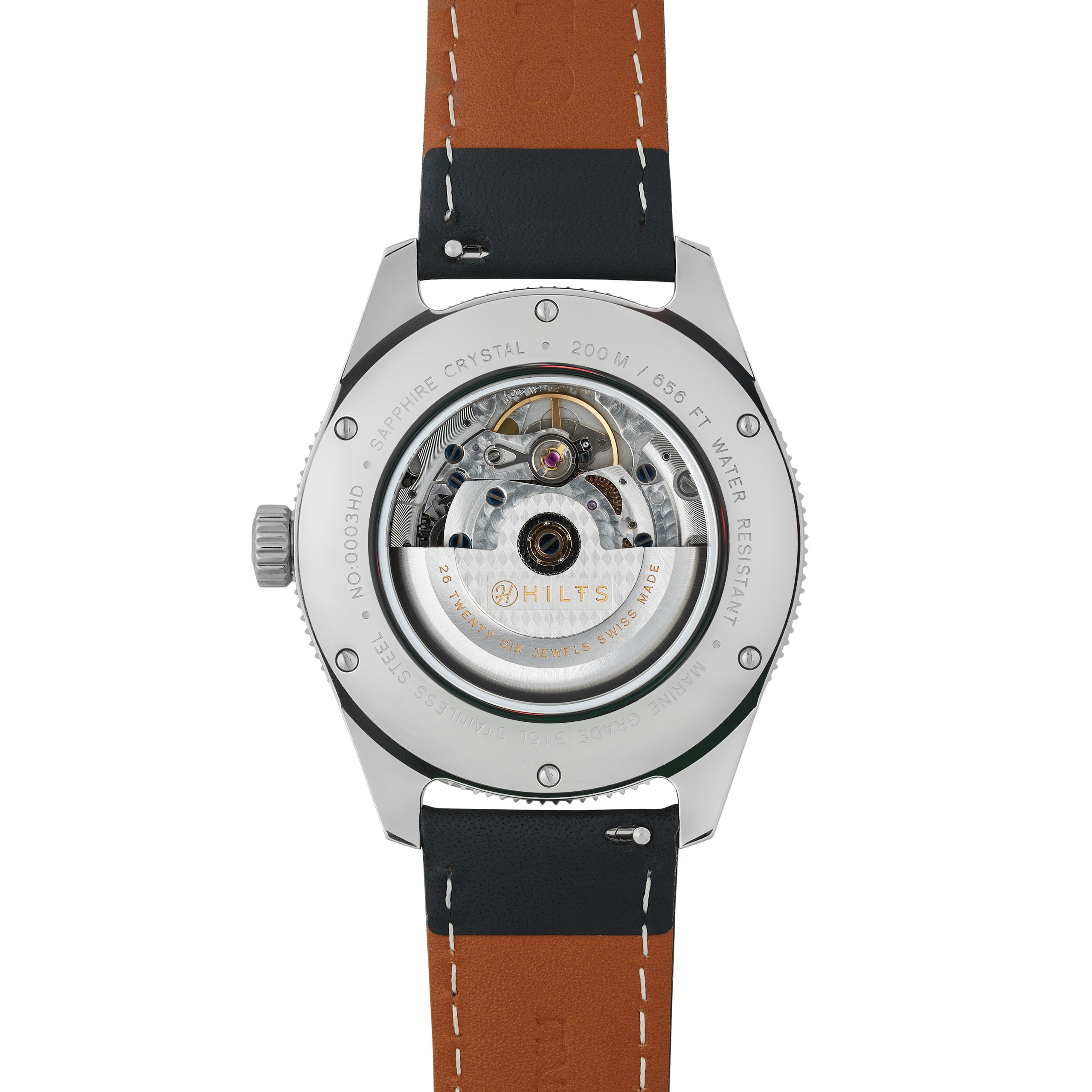 Caseback view of a automatic watch on a two-tone leather strap