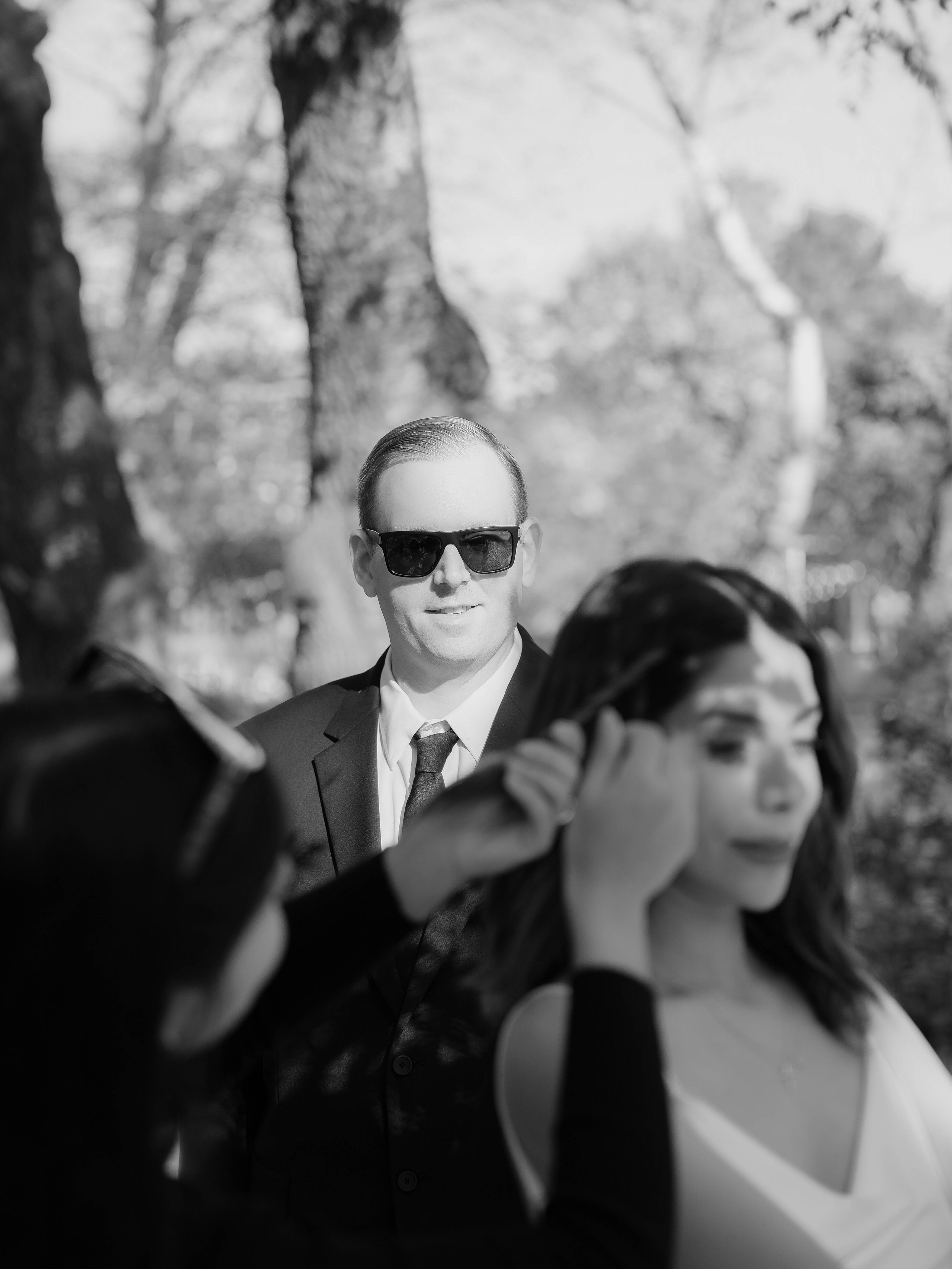 Black and white photo of the bride and groom during Tbilisi photshoot.