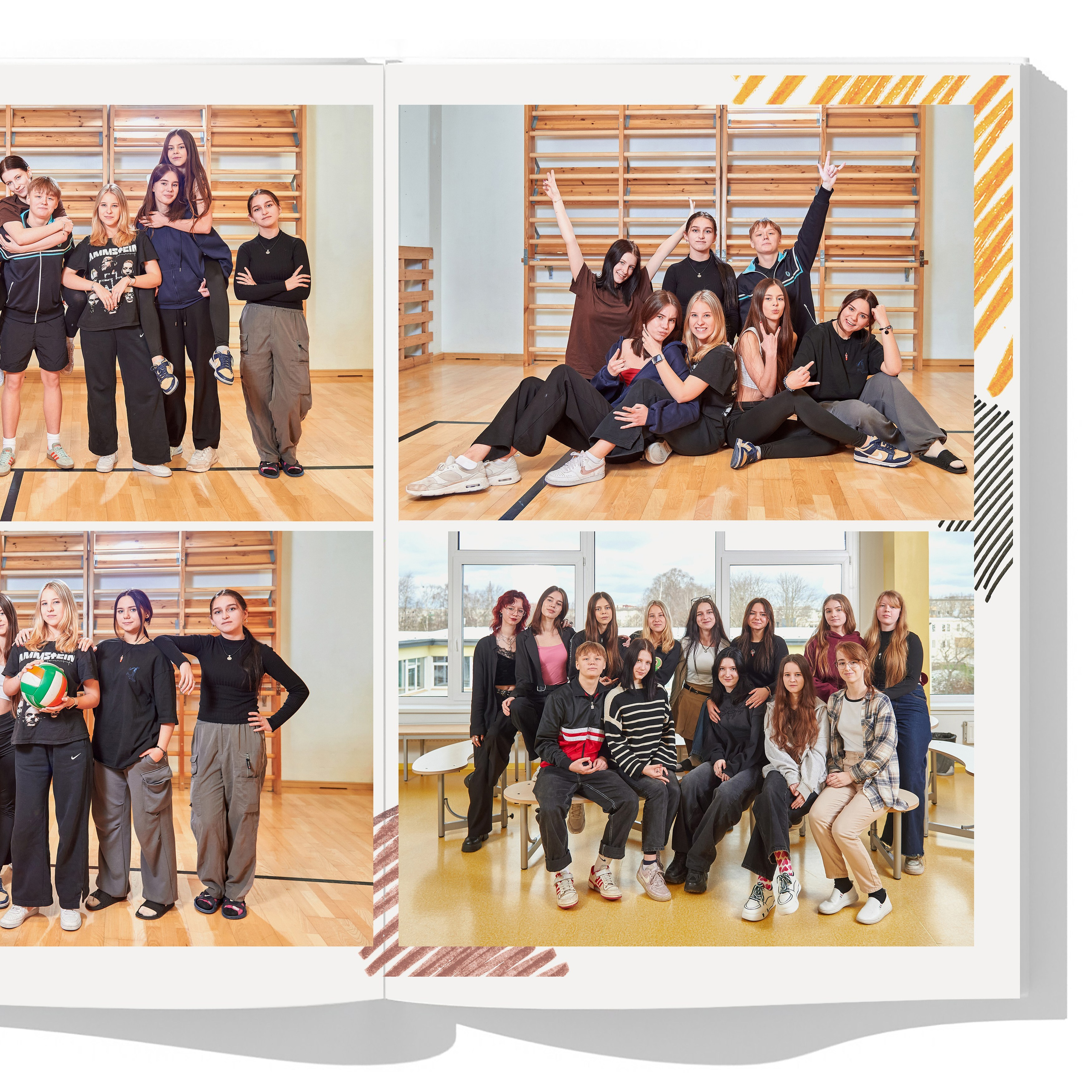 Разворот с фотографиями с позирующими друзьями на уроке физкультуры