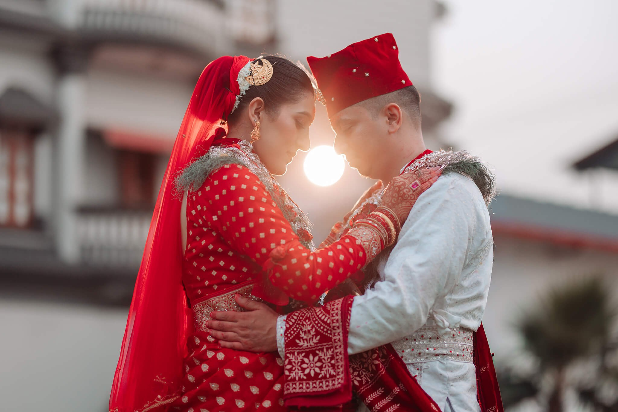 Cinematic outdoor wedding photoshoot during golden hour at sunset in Butwal Nepal.