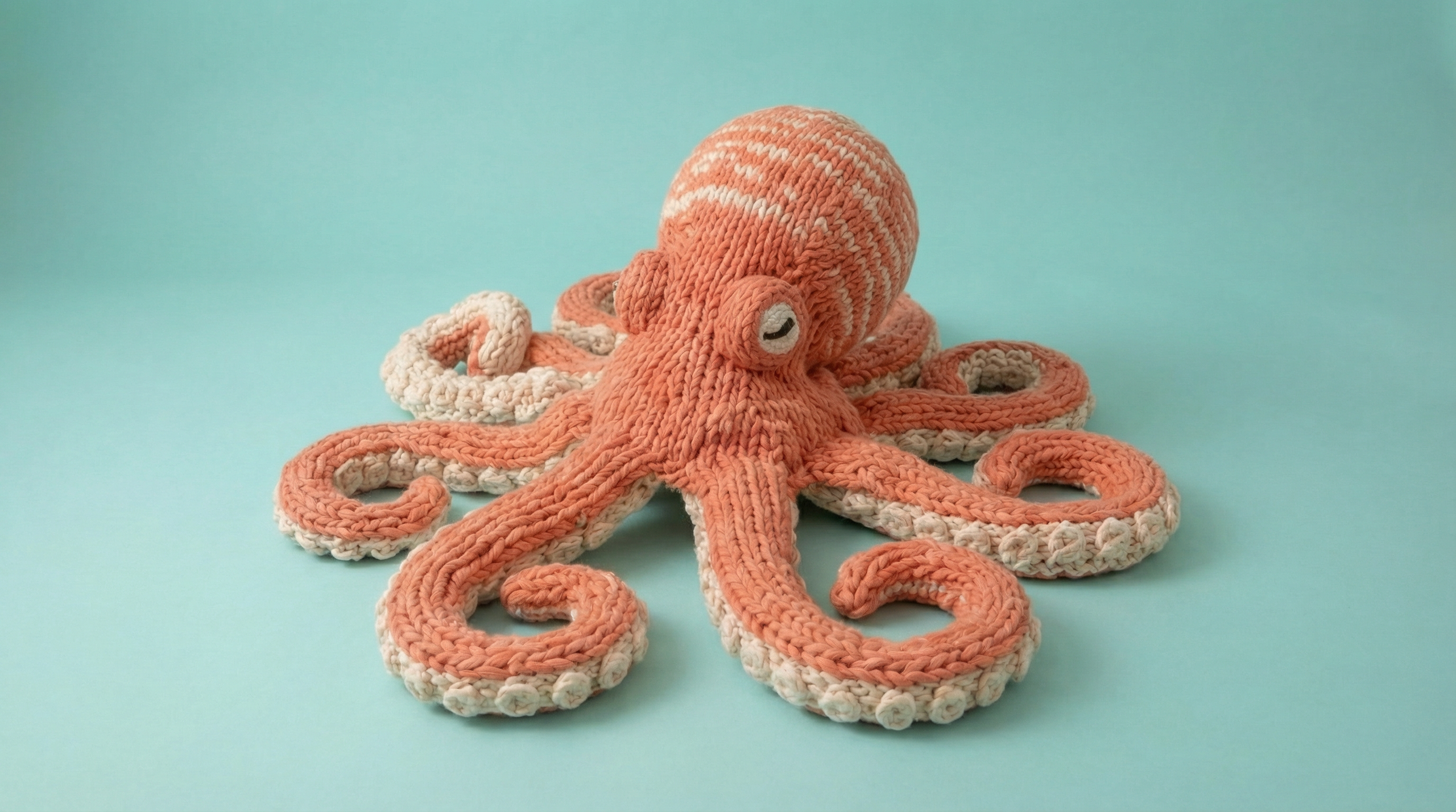 knitted octopus coral and cream yarn, soft texture, detailed tentacles, minimal background, soft ocean theme, studio photography