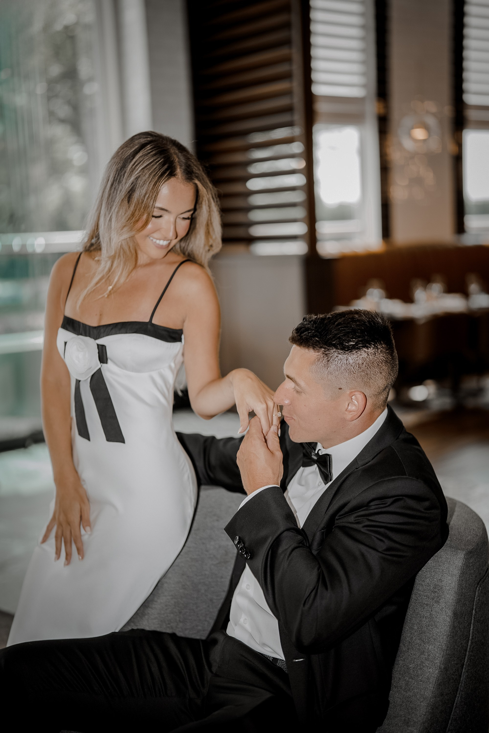 Engagement photo shoot at the hotel. Portrait and wedding photographer in New York