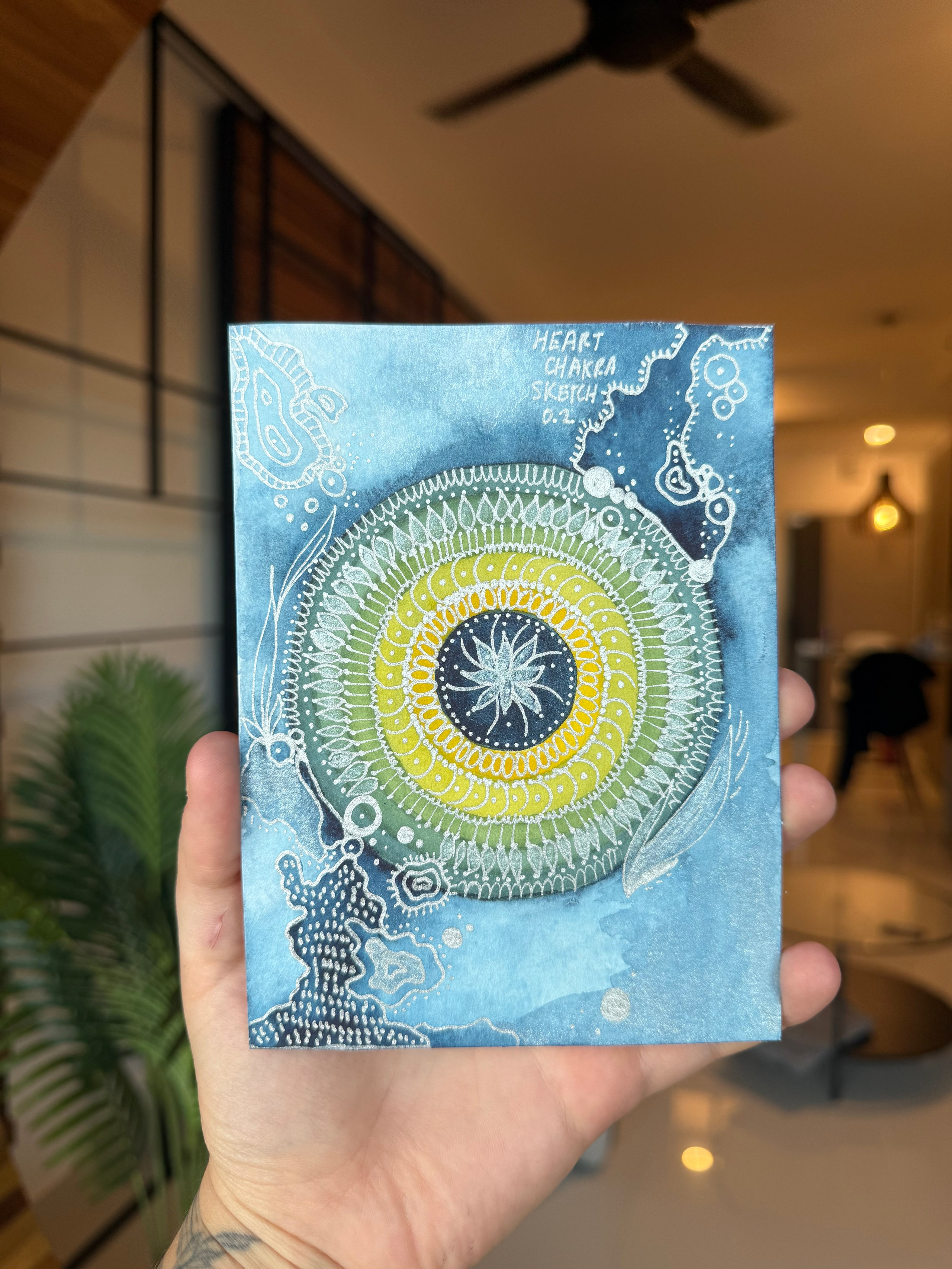 Heart chakra sketch version 2, same materials as larger work.