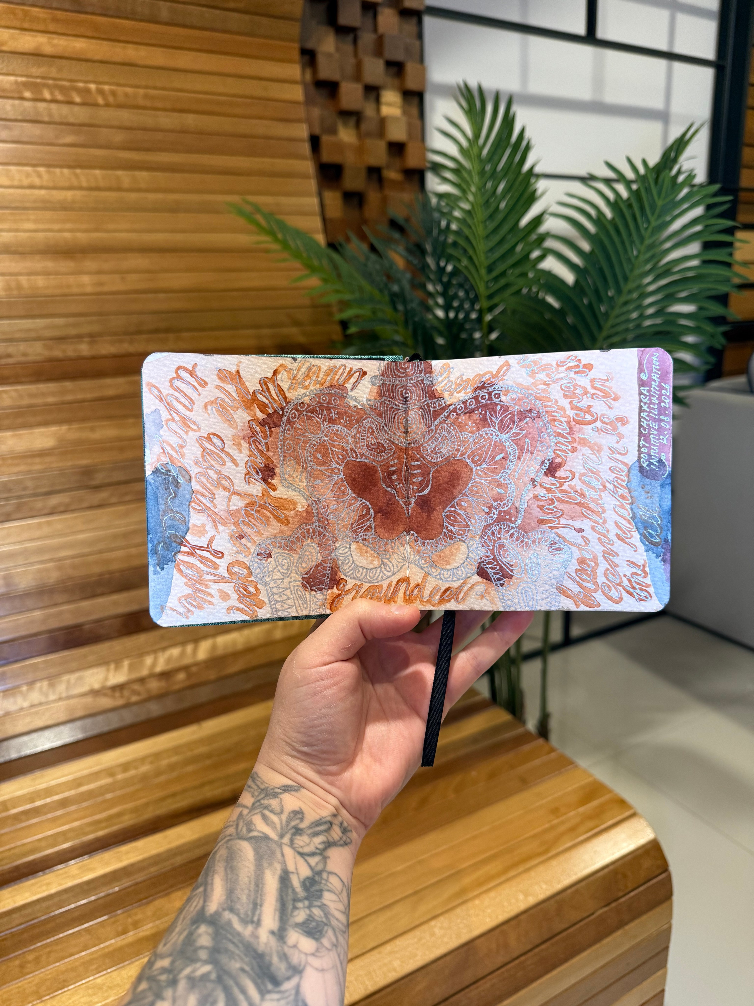 Rorschach intuitive drawing, root chakra healing. Watercolour & metallic paint pen in 100% cotton watercolour sketchbook.