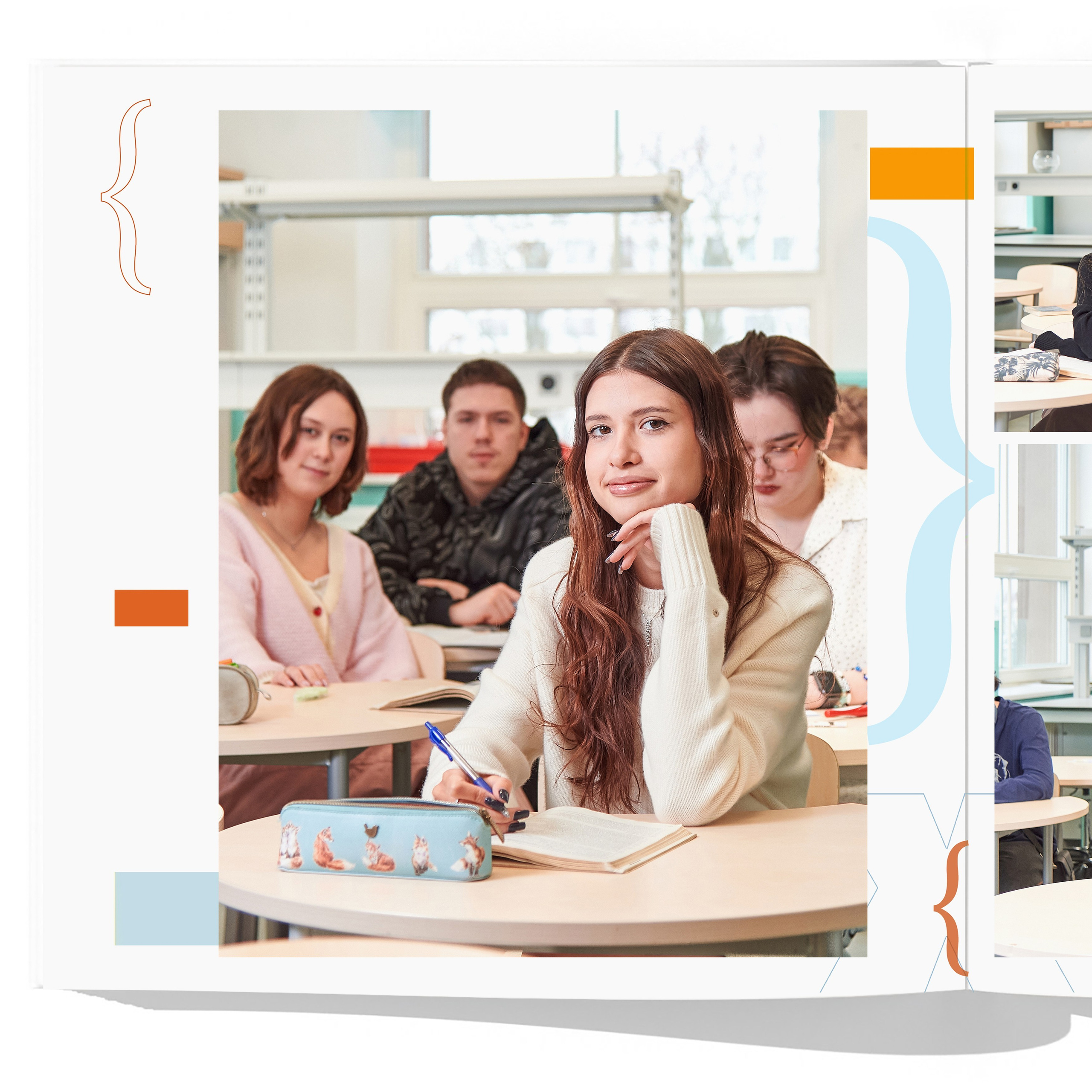 Разворот с портером ученика в классе на уроке за партой