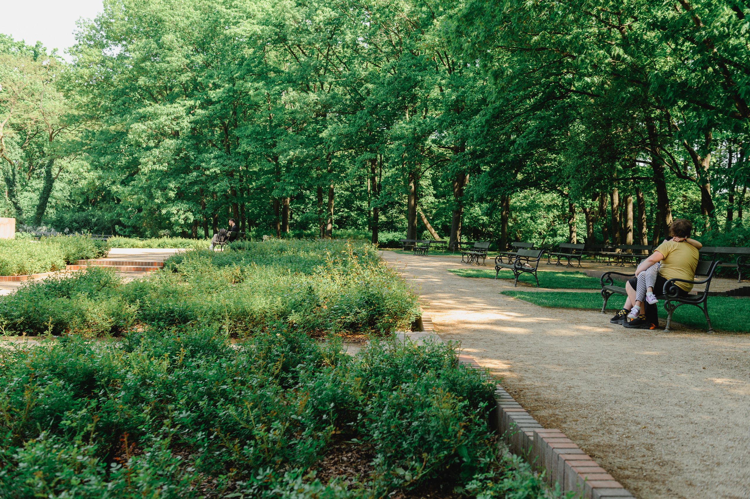 A couple in love hugging and kissing on a bench.