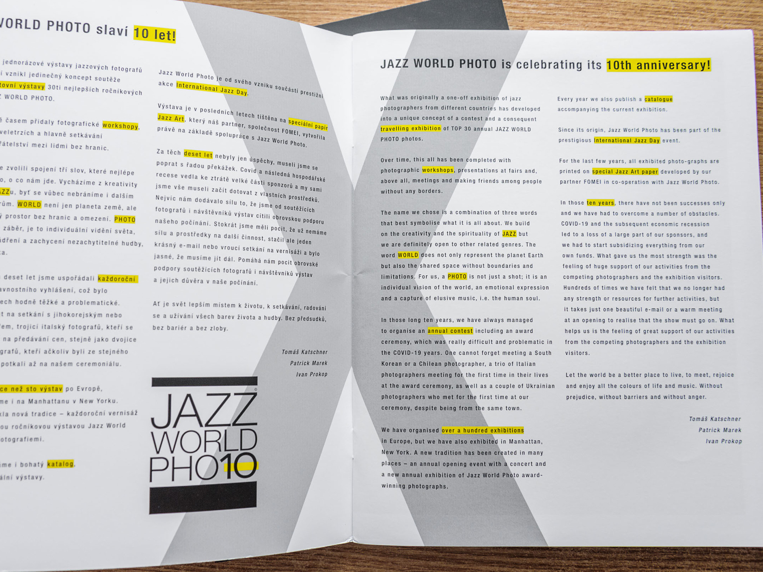 Вводное слово организаторов конкурса Tomas Katschner, Patrick Marek, Ivan Prokop. Разворот каталога  Jazz World Photo'2023