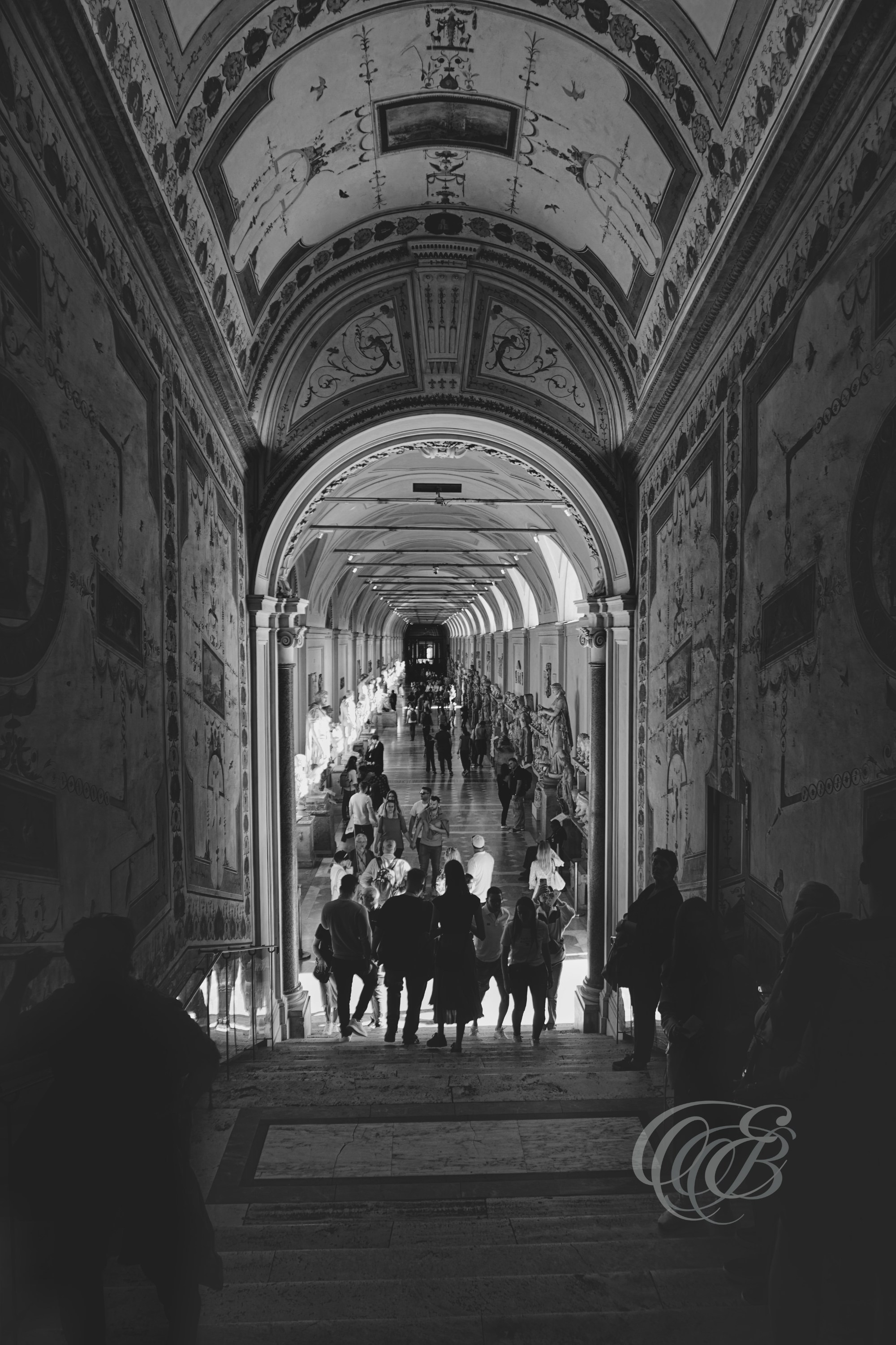 Rome Italy - Vatican Museums Stairs - B&W Matte - Eduardo Bartoli Fine Art Photography - Interior stairs in the Vatican Museums, Rome, Italy – black-and-white fine art photography by Eduardo Bartoli.