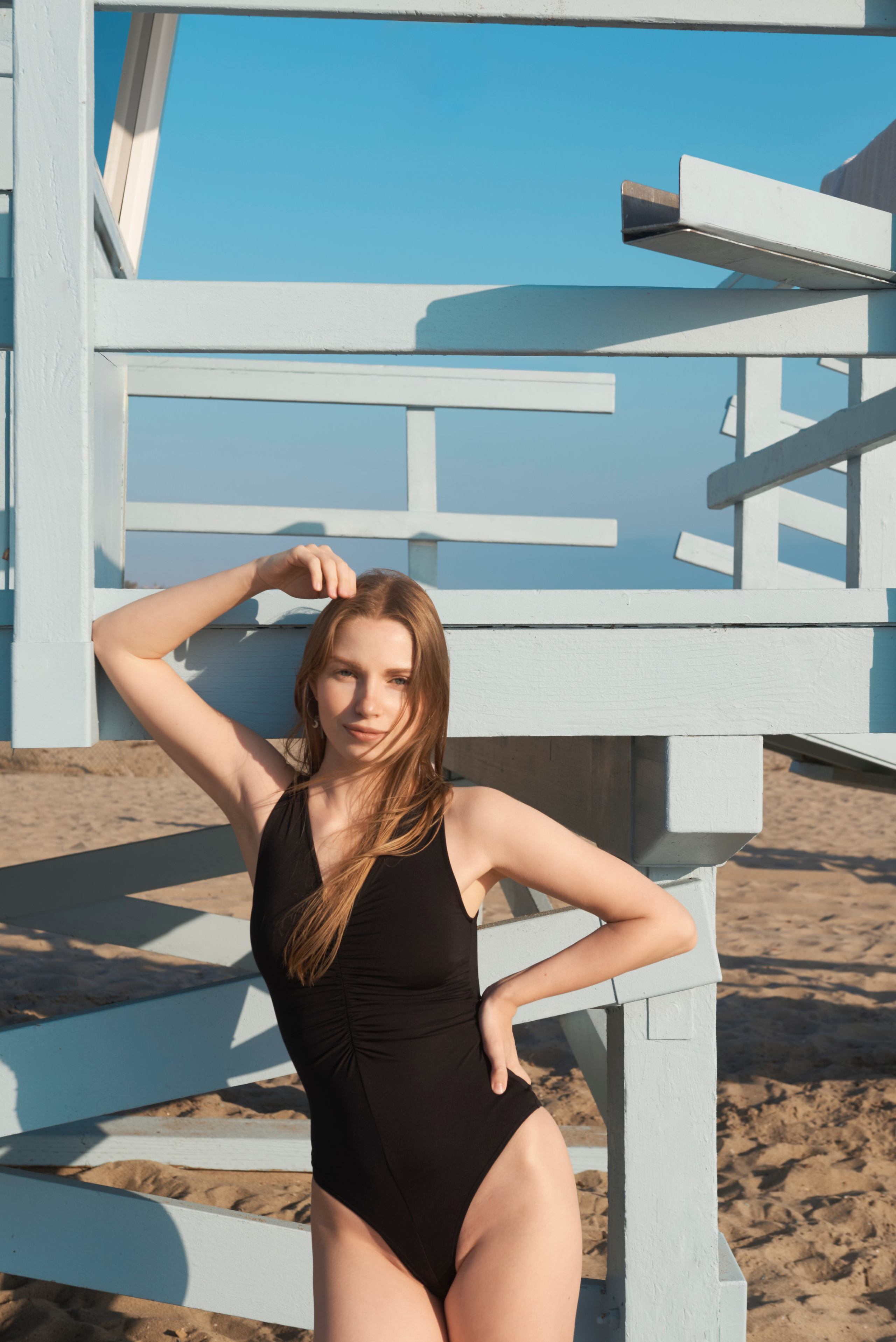 Santa Monica Beach: model against the ocean in warm tones