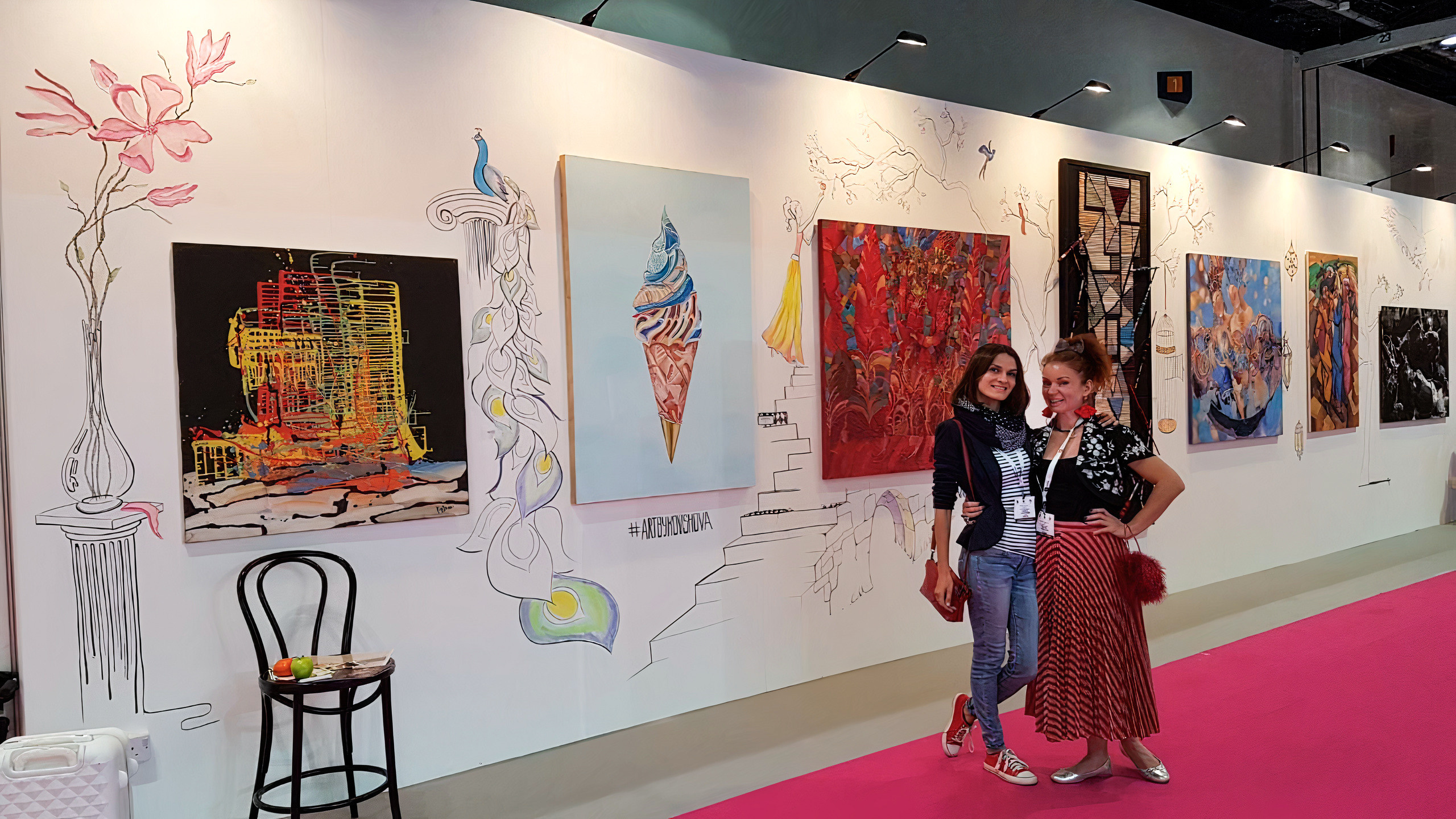 Wallpainting for Andakulova gallery stand on INDEX Exibition. Dubai. 2018 Artistic design: Kathrin Kovshova. Artist  team:  Kathrin  Kovshova, Katya Kudrya.