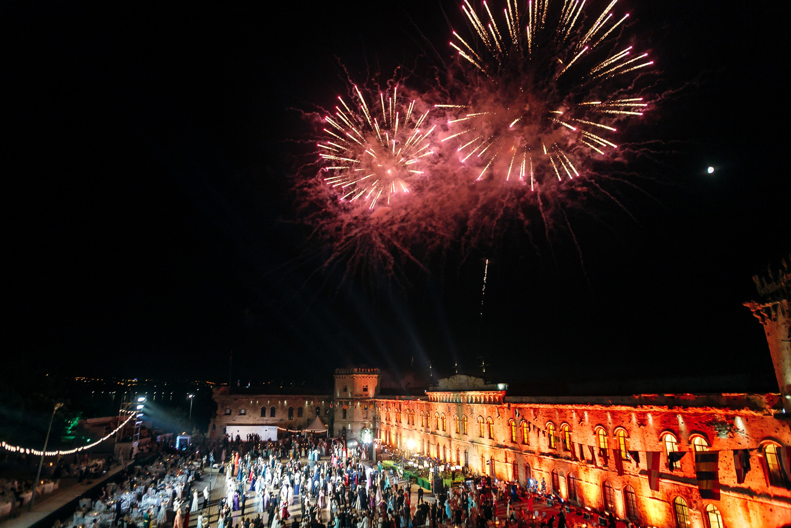 Fireworks show over crowd, festive celebration
