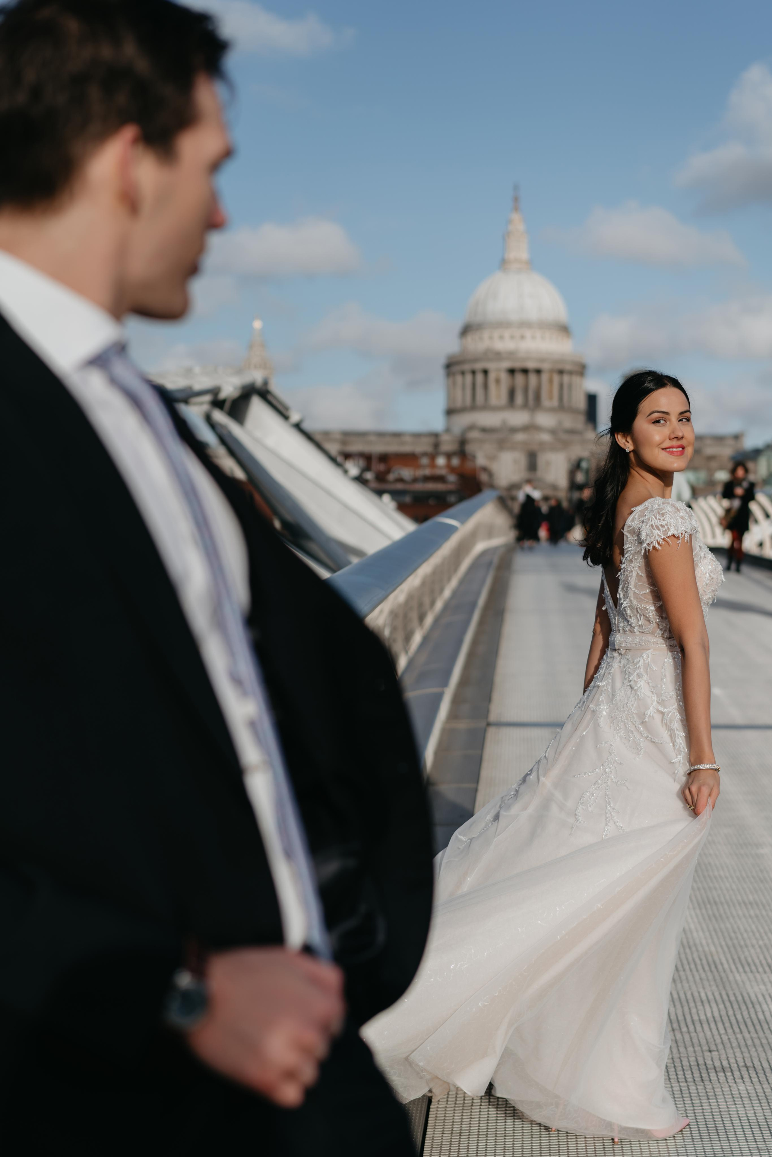 Wedding session by Tower Bridge and St Pauls Cathedral. London portrait and family photographer