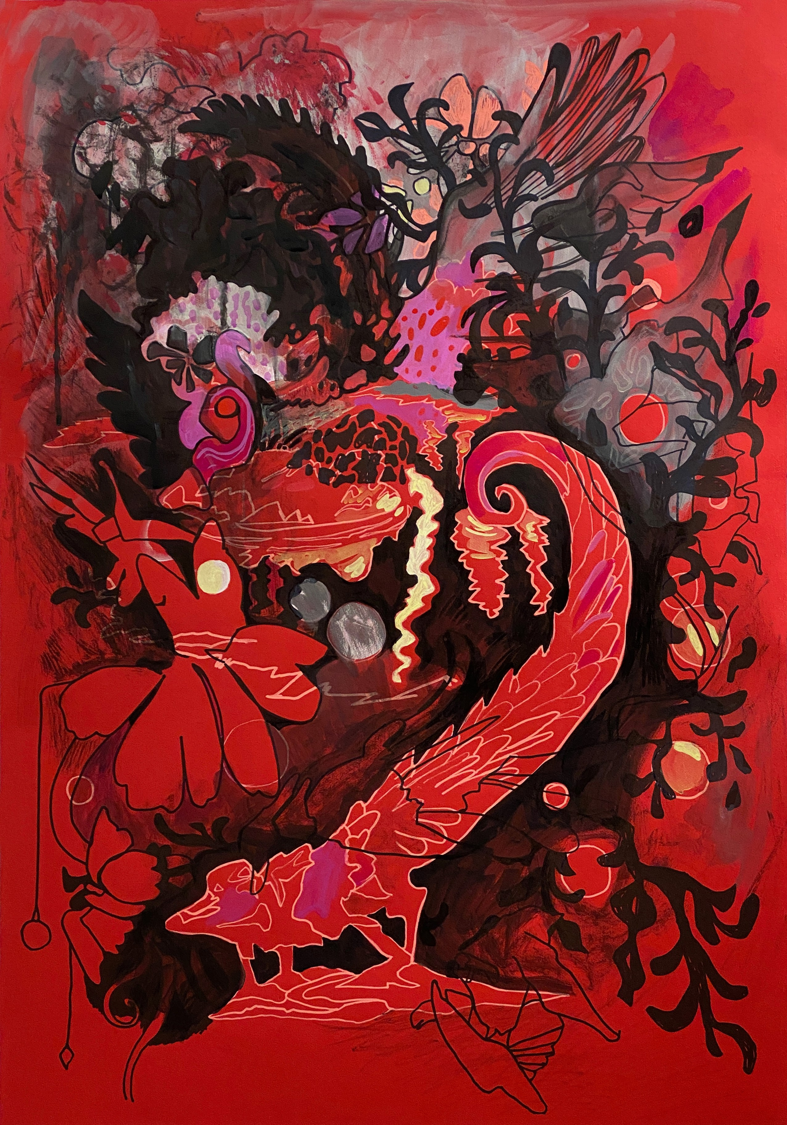 'Possibility of peace' 100x70 (2 pieces) Paper, ink, water-based paints, markers. Diptych. The works were made based on images generated by the Midjourney artificial intelligence program using the prompt “possibility of peace”. Most of all I was intrigued by the errors in those results. The pigeons with three wings and unknown animals with feathers that for some reason were red etc. It seems to me that when you give Midjourney a simple 2-3 word prompt, it produces something very superficial, the kind of collective unconscious in which it was taught. I saw this process as an illustration of a situation where we just want “everything to be OK” and don’t want to pick sides. There are situations when trying to escape the responsibility of choosing and doing “good for everyone” turns into a disturbing nightmare. 