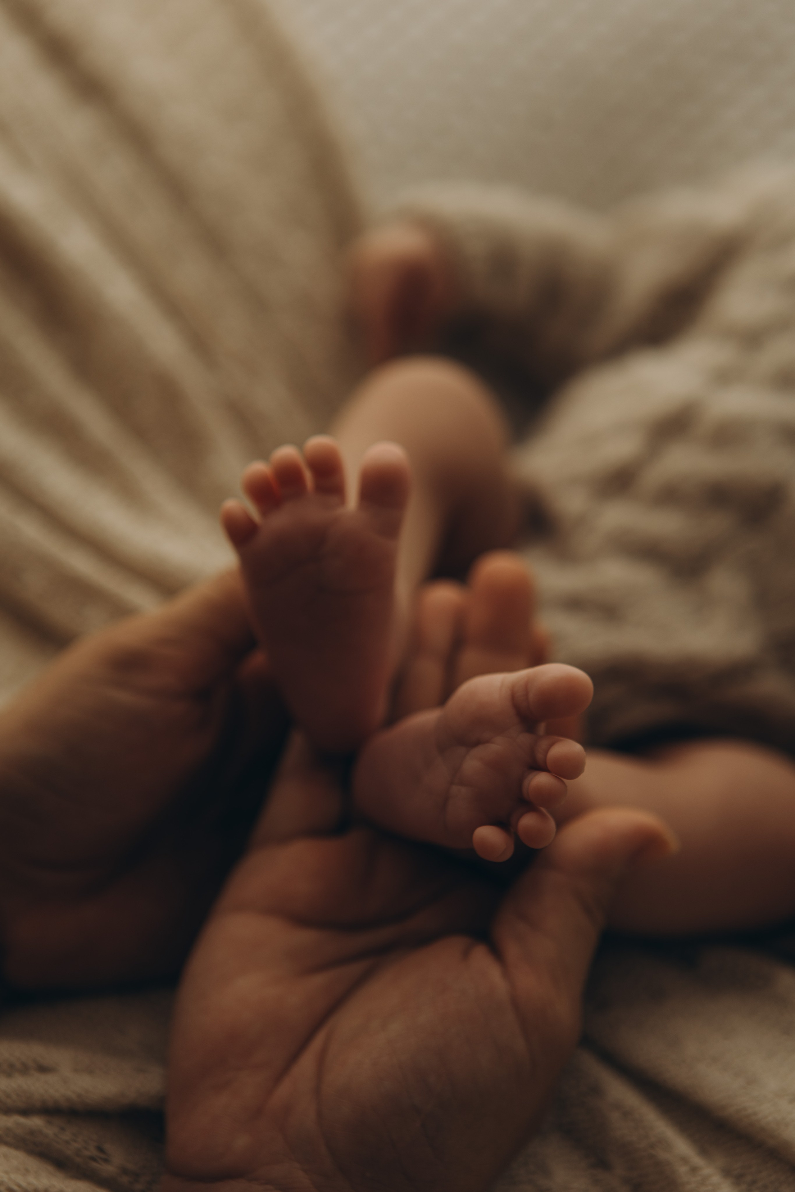 pés delicados de bebê em ensaio newborn com luz natural em Sorocaba