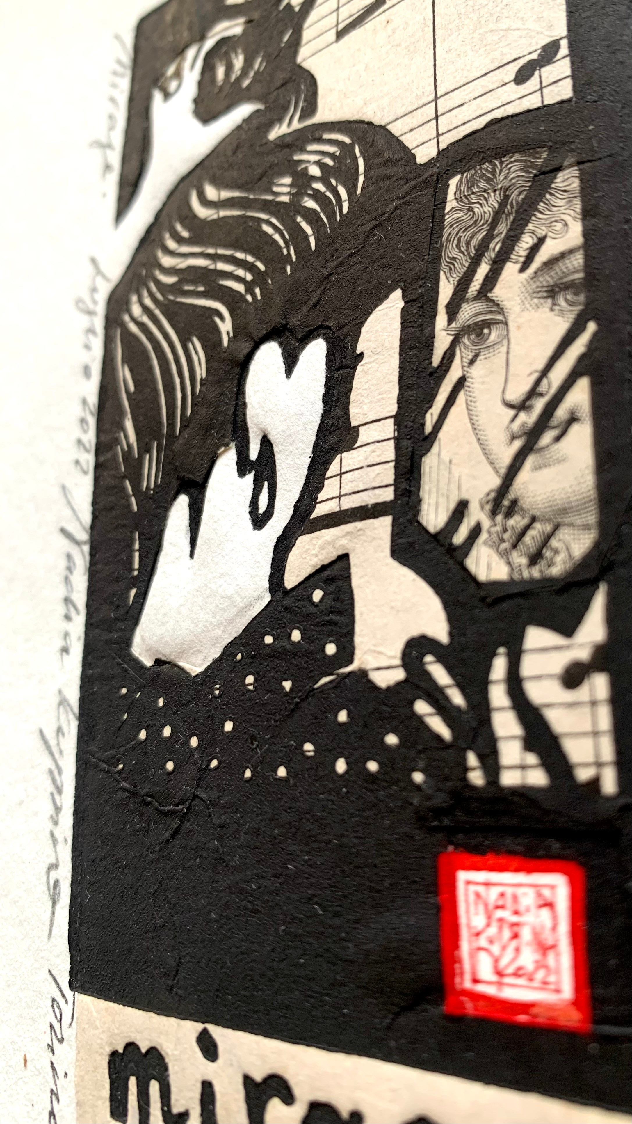 Small print, linocut, linogravire, linograbado, hand print, lovestory, family story, collage, collage art, collage print, woman, mirror, specchio, reflection, hair, face, lady, aging, story, life, music, beauty, grace