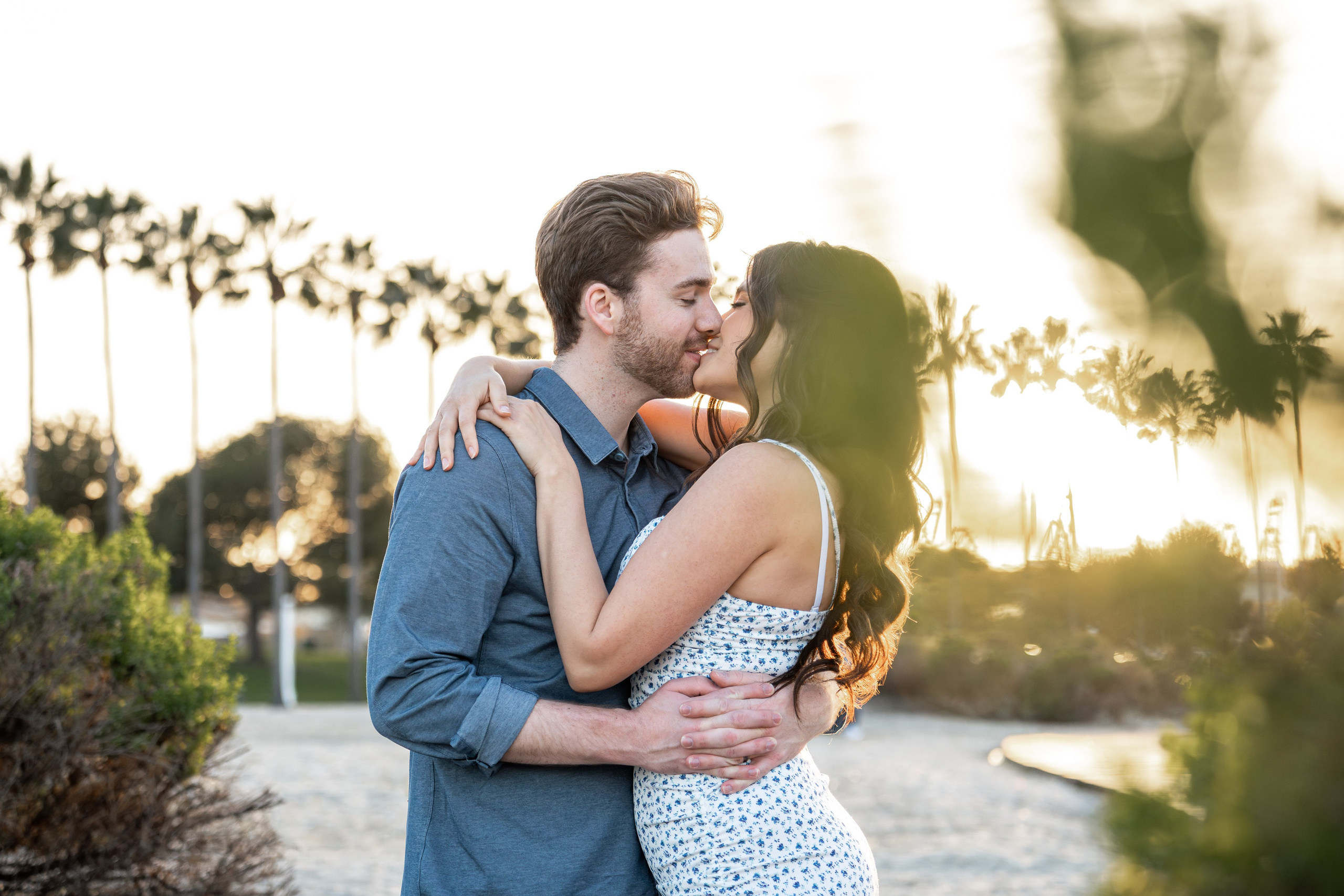 Engagement session at the park during golden hour light and airy photo