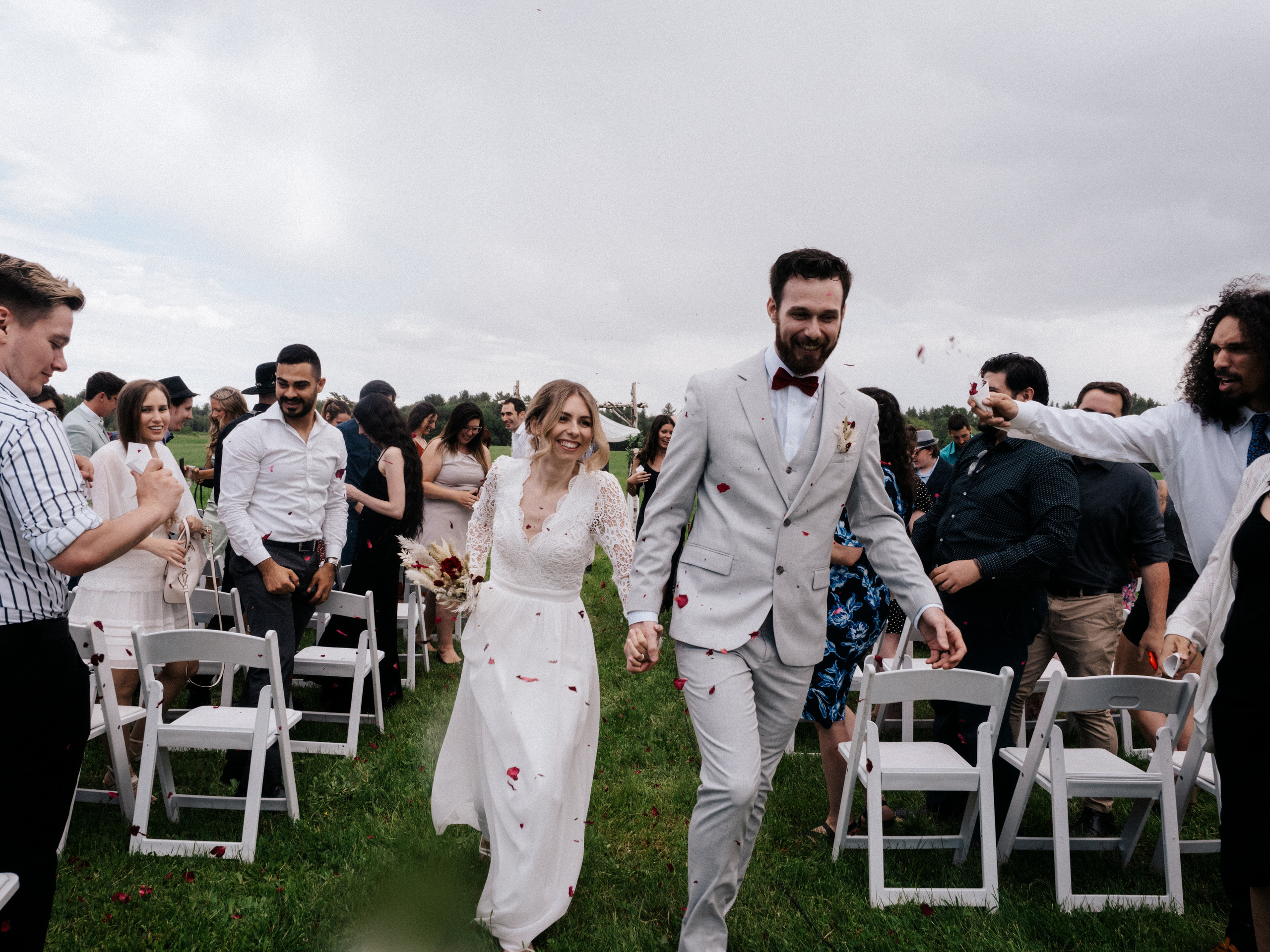 Exit of ceremony outdoors in Saint-Thomas, Quebec. 