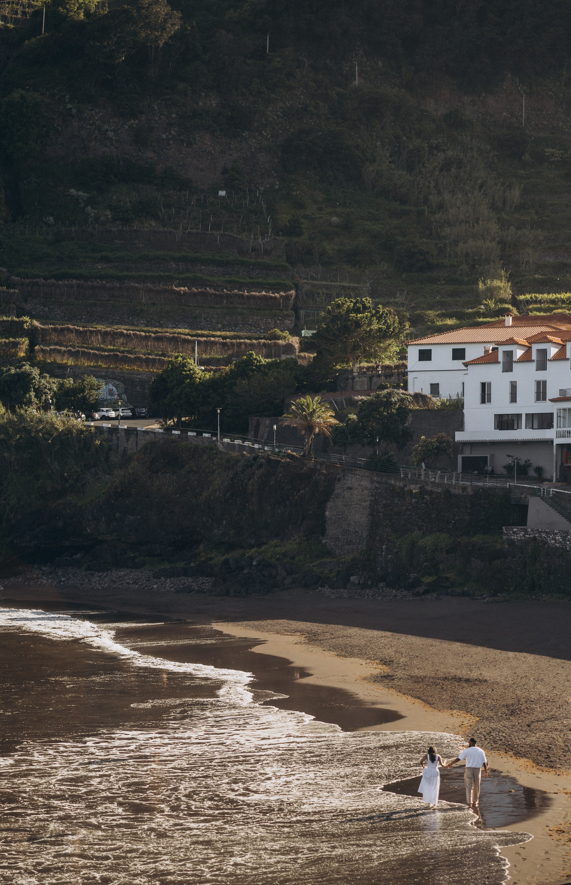 Proposal at Seixal Beach, Madeira – romantic engagement by the ocean, capturing intimate moments on the black sand shore