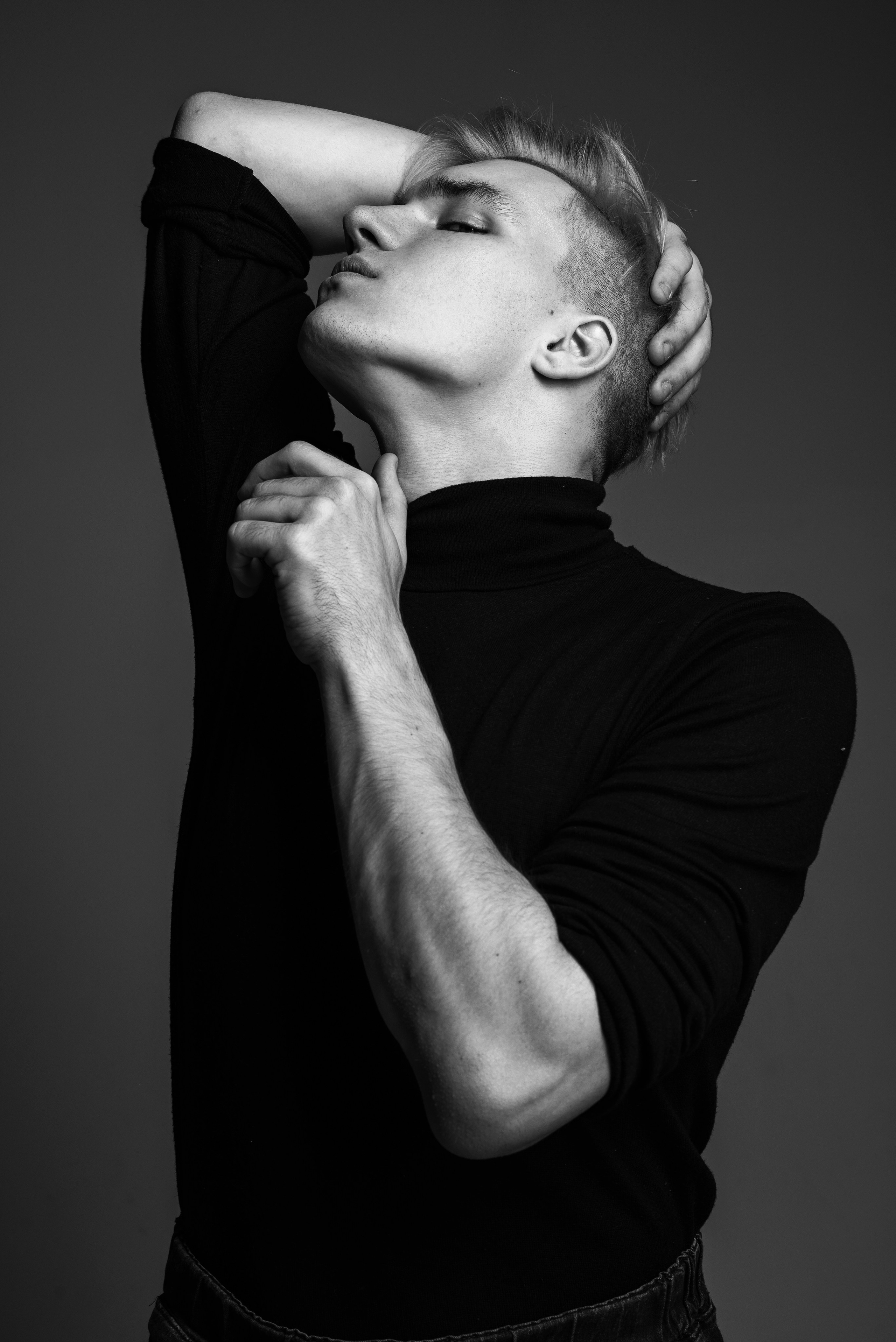 Male model studio portrait in San Francisco, fashion shoot with professional magazine retouching.