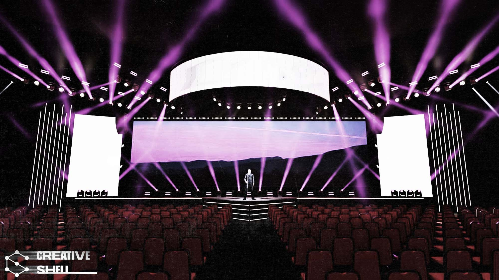 3D-рендер мероприятия с интегрированным оборудованием Creative shell, включая сцены, световые приборы и экраны, для полного представления будущего дизайна.