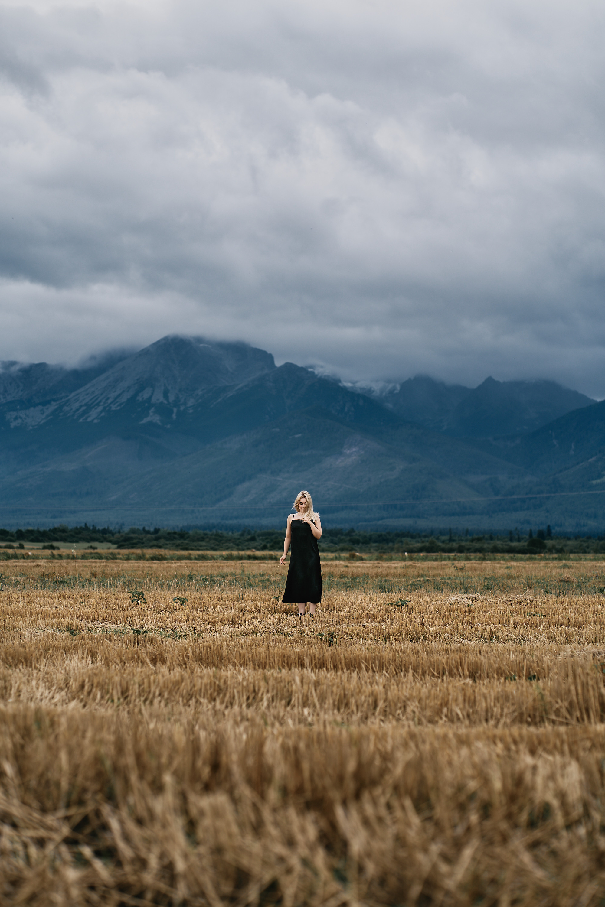 A lone woman in a field, facing rugged mountains under a cloudy sky, capturing isolation and natural beauty.